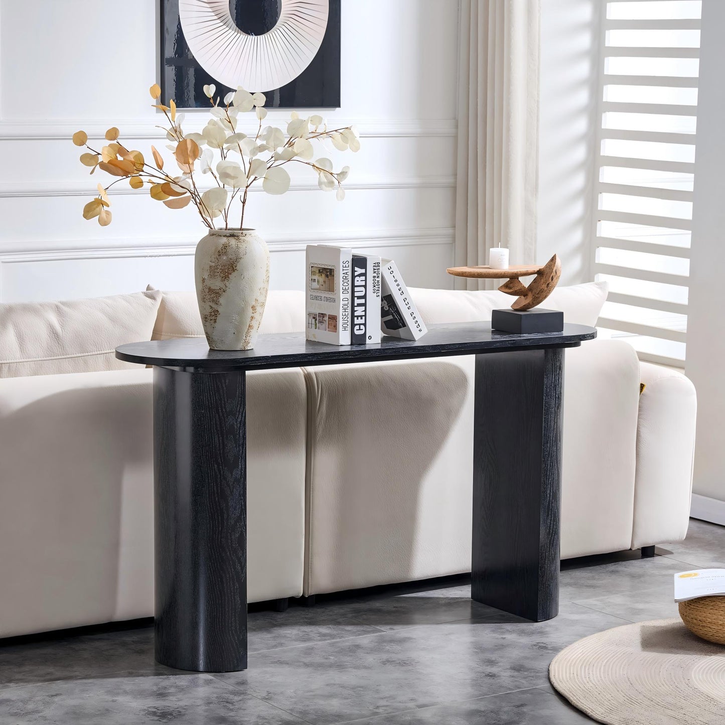 Black curved foyer table - Black wood grain minimalist entrance small space living room sofa side table