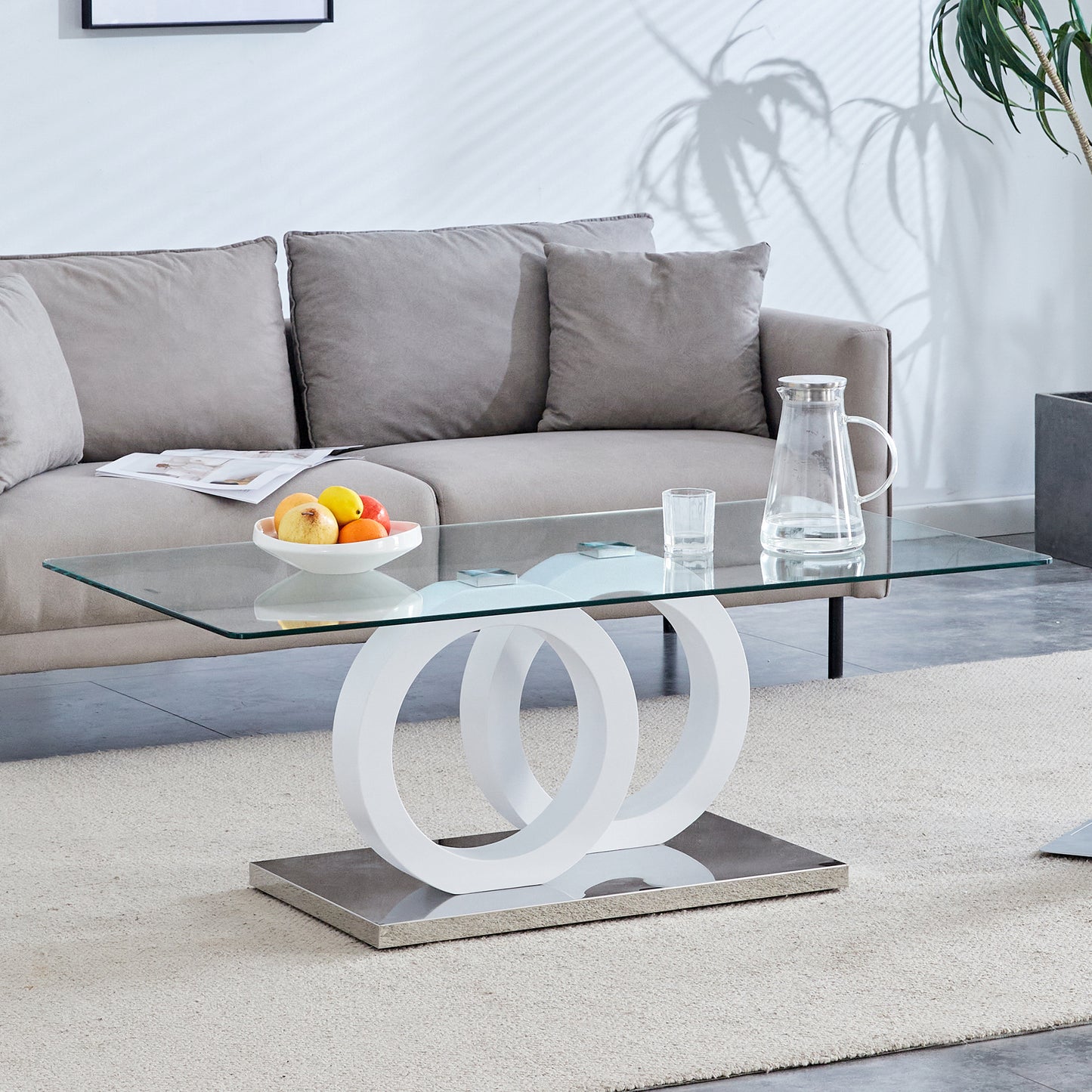 Contemporary Style Glass-Top MDF Coffee Table with White Base - Suitable for Living Rooms and Lounge Areas, Product Dimensions are 47.2*25.6*17.8Inches.