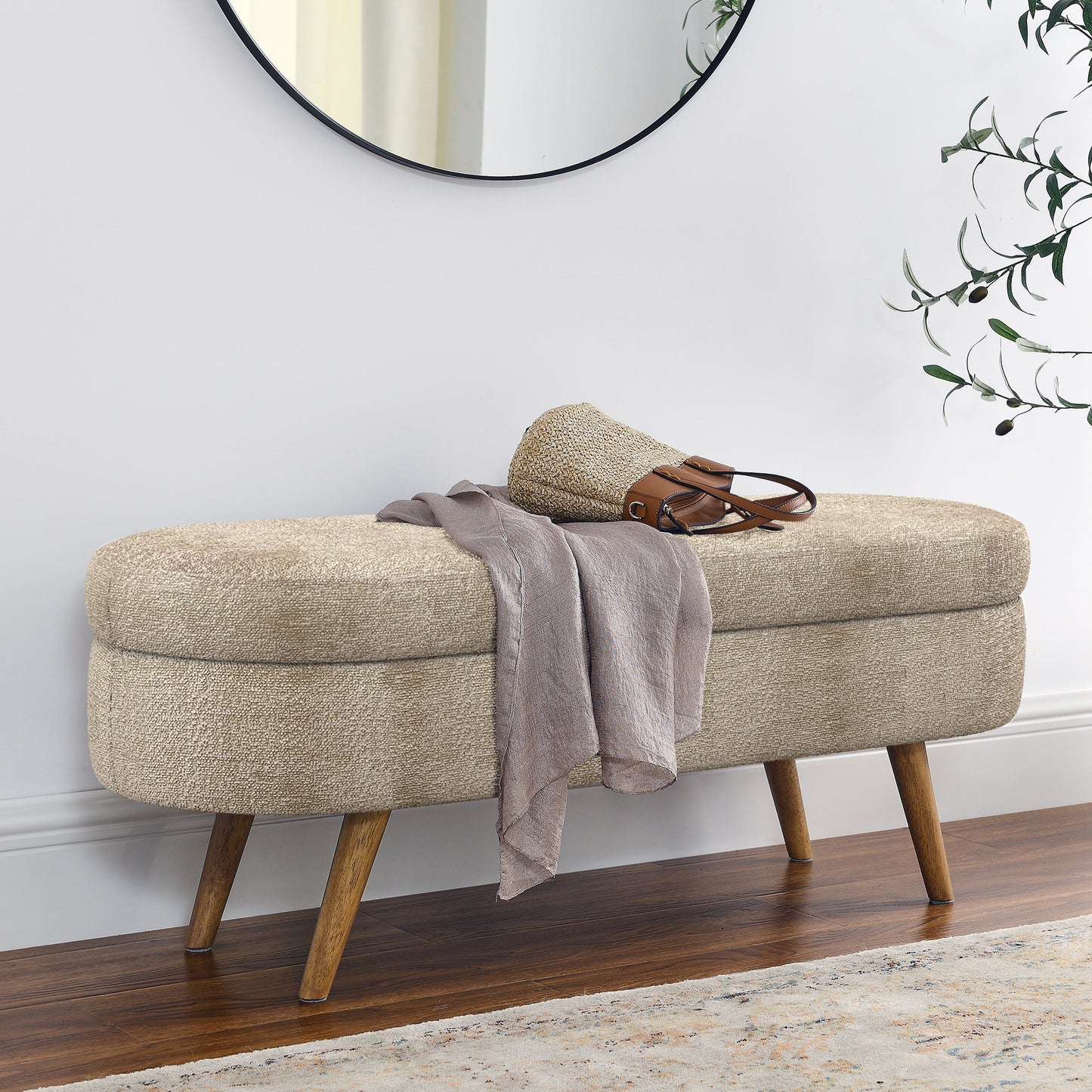 Ottoman Oval Storage Bench,Rubber Wood Legs, Gray (43.5"x16"x16")Brown