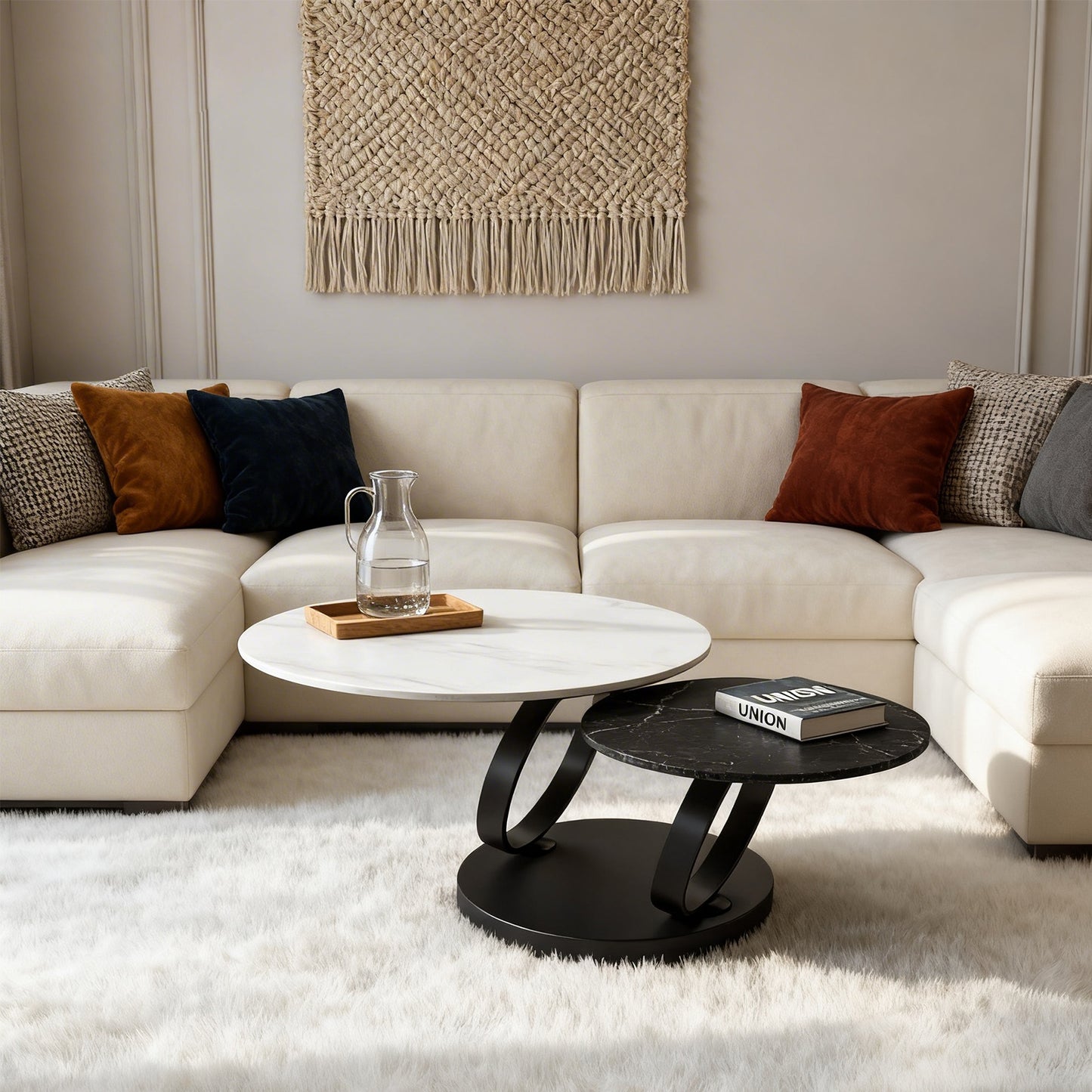 Living Room 2 Round Nested Coffee Tables – Black & White Sintered Stone Top, Space