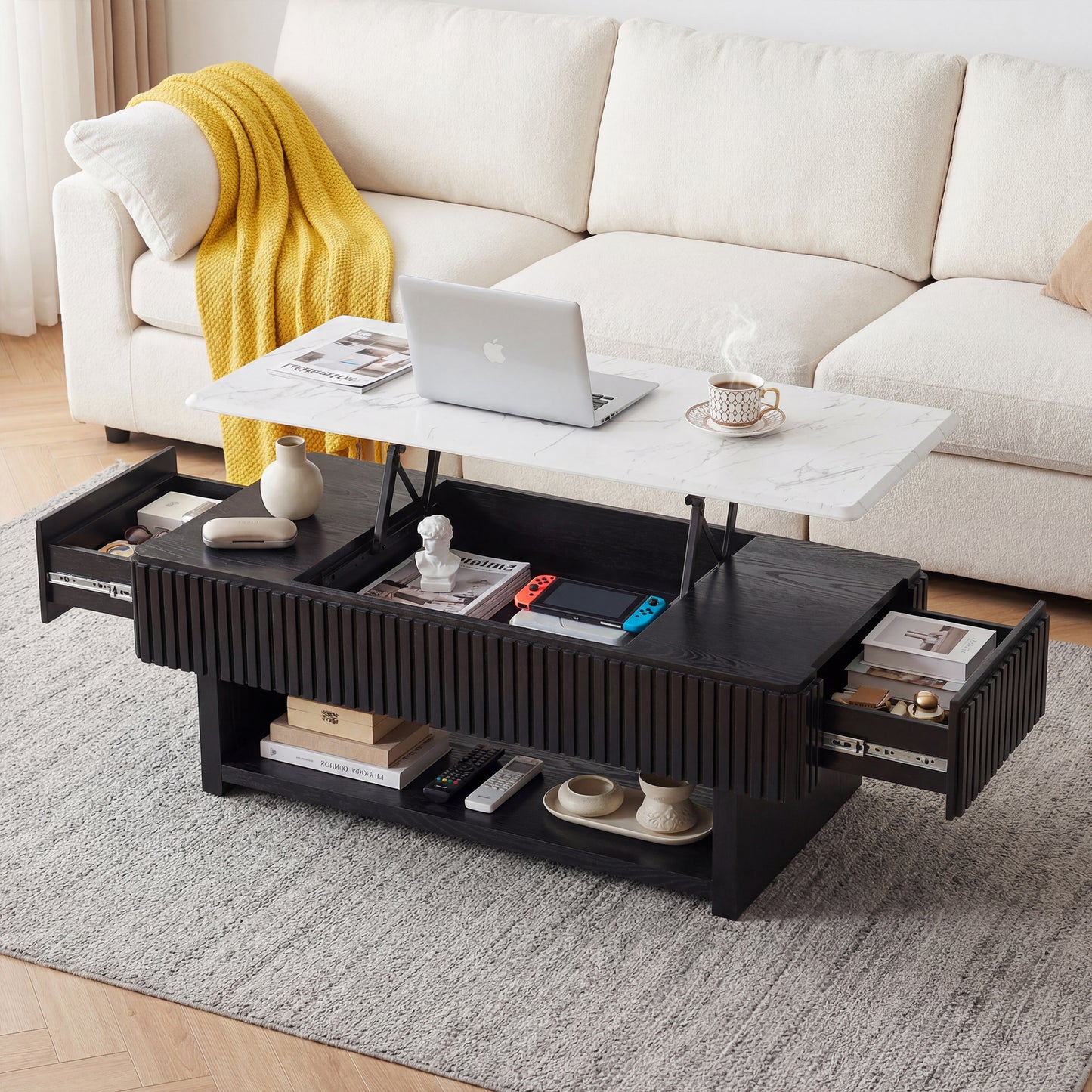 46.5" Rectangle Lift Top Coffee Table with Drawer & Hidden Storage, Modern Fluted Table with White Marble-Pattern Top & Solid Wood Strips, Multi-Functional Center Table for Small Space,Living Room