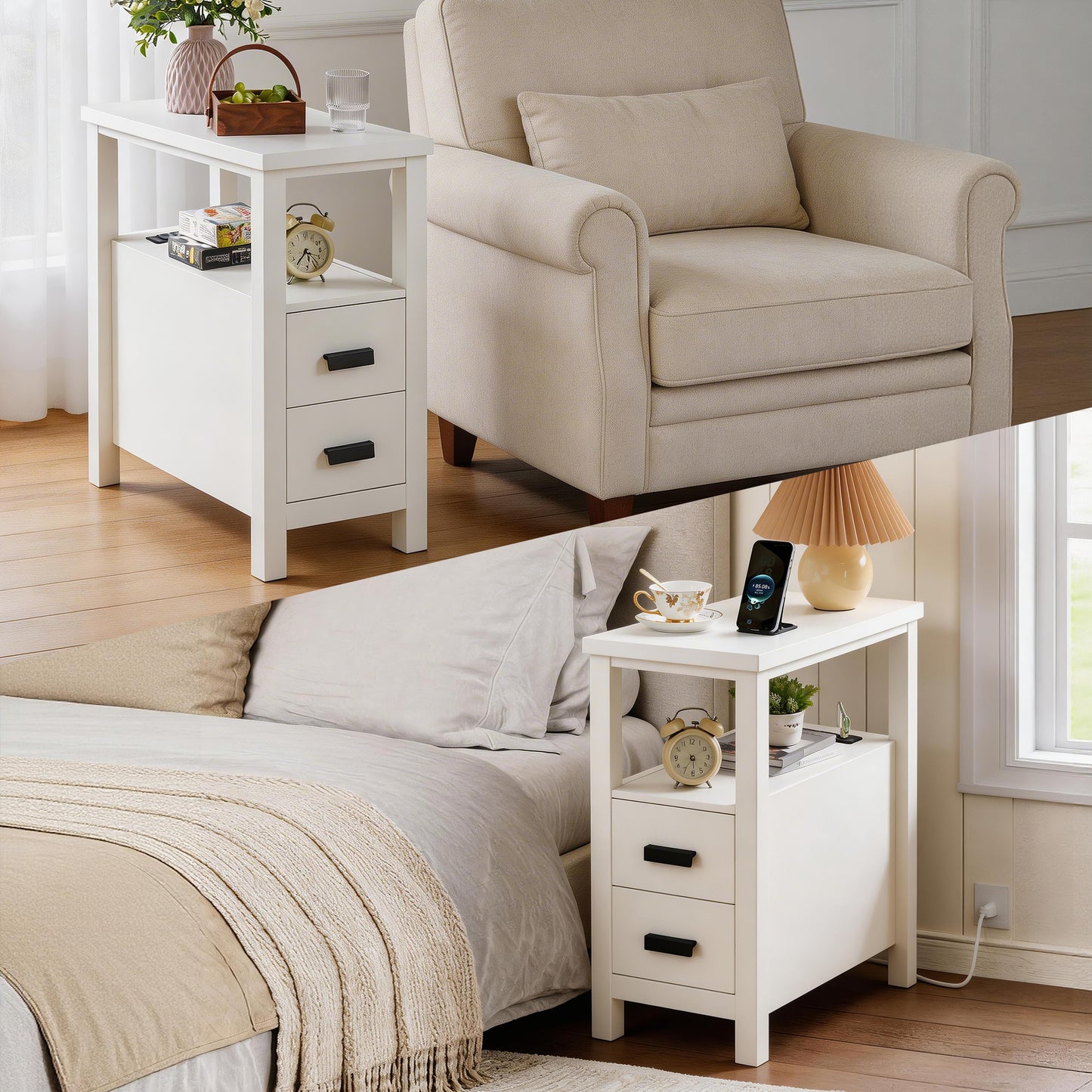 End Table with Charging Station,Side Tables with USB Ports & Outlets,Side Table with 2 Drawers, Small Wood Bedside Table, Small Rustic Side Table, Modern End Table with Drawer