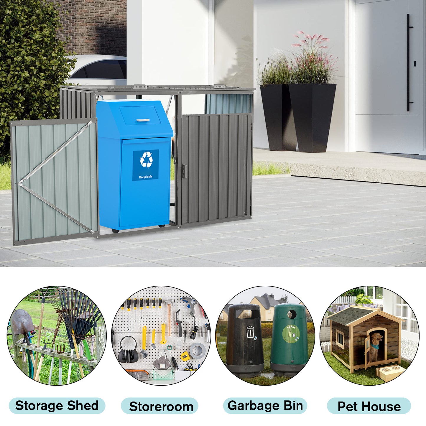 Grey Iron Outdoor Garden Bin Shed for Patio Storage and Organization