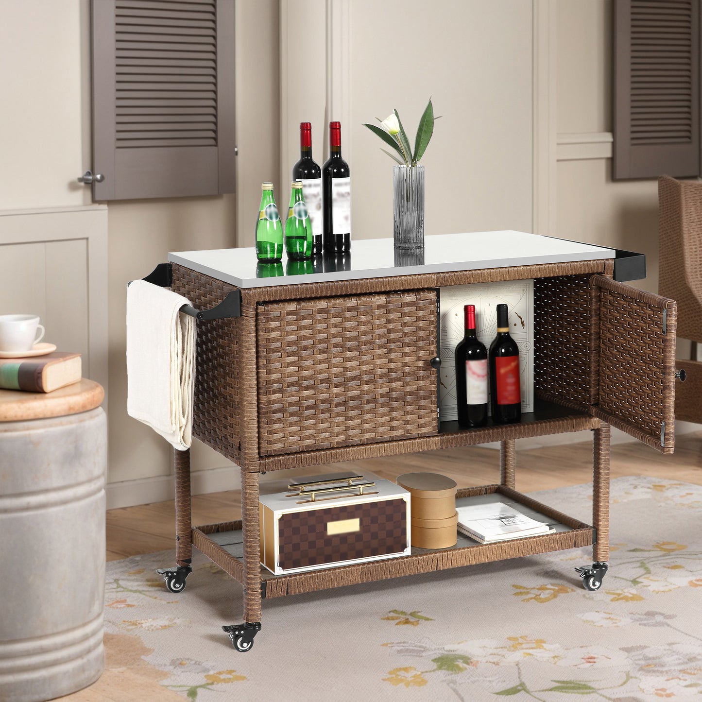 Outdoor Wicker Bar Cart, Patio Wine Serving Cart w/Wheels, Rolling Rattan Beverage Bar Counter Table with stainless steel Top for Porch Backyard Garden Poolside Party, Brown
