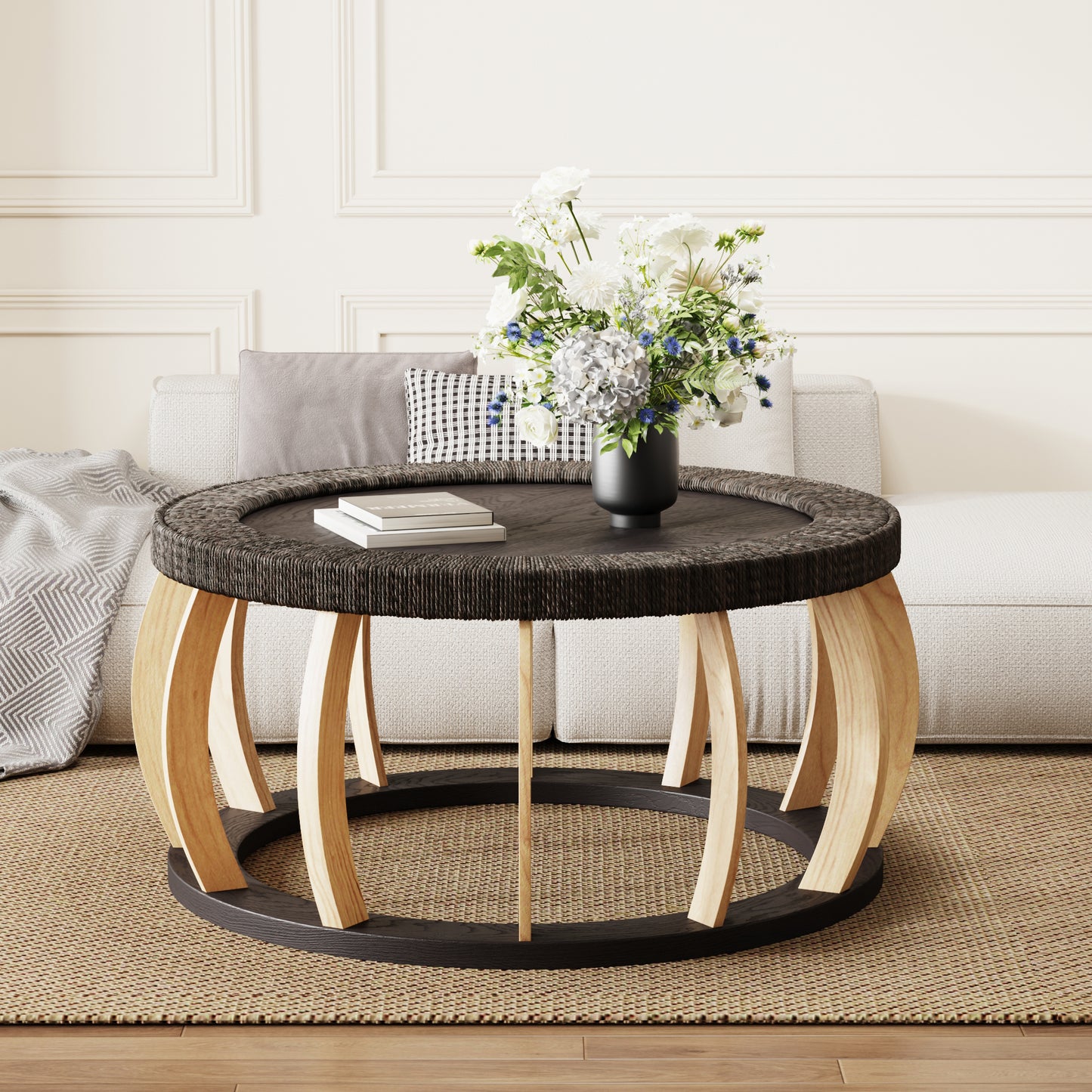 35.43"Vintage Rattan Solid Wood Round Coffee Table, Curved Legs Boho Accent Table for Dining Room, Kitchen And Living Room,Black Brown