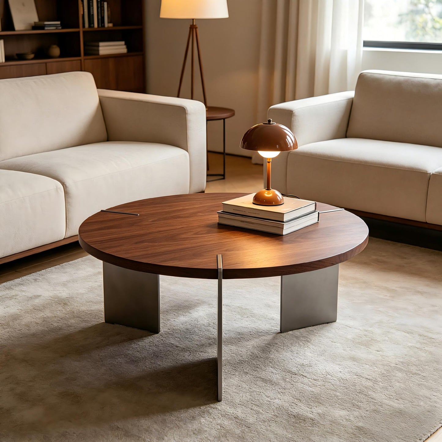 Dark Brown Round Walnut Coffee Table - 36 Inch for Living Room
