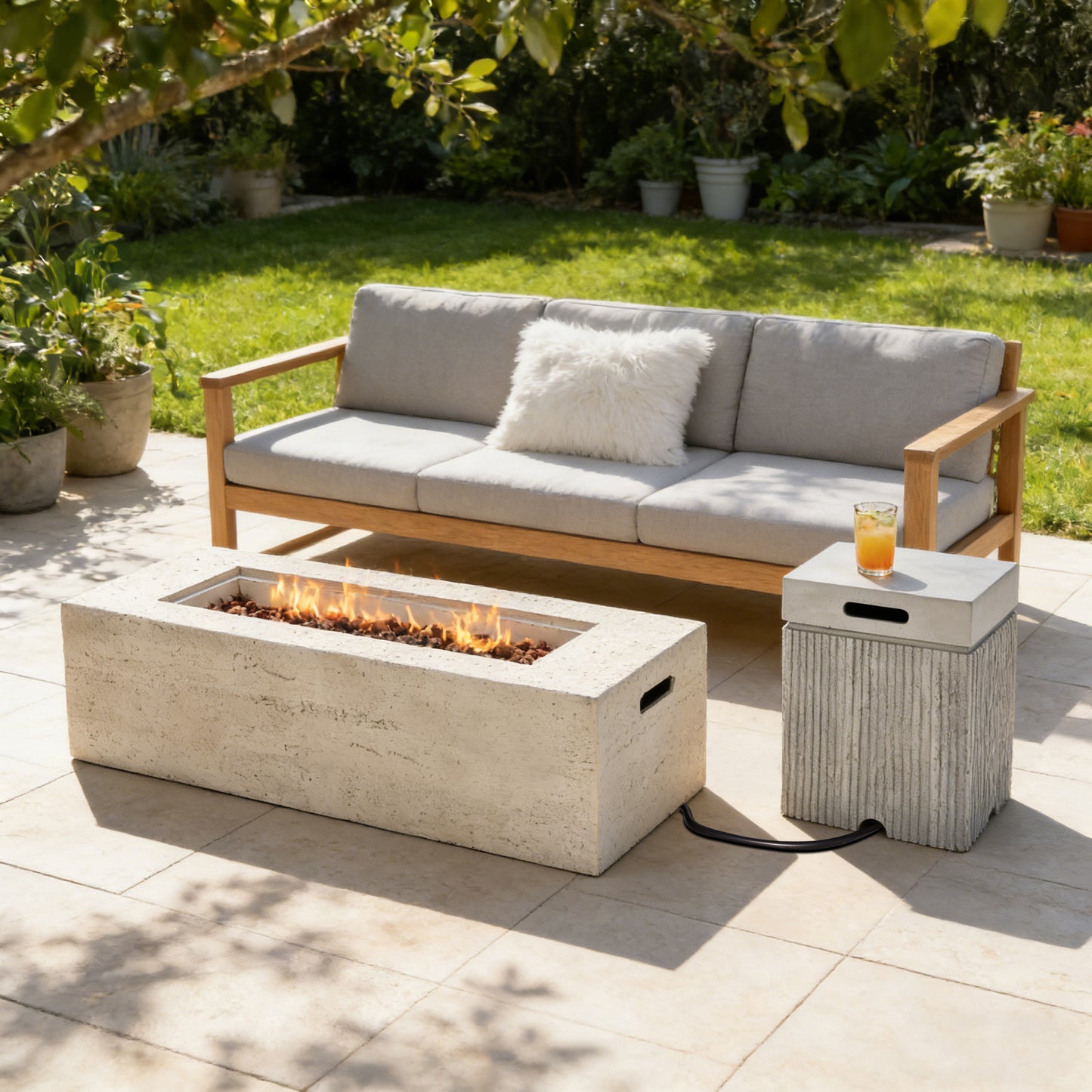 U_STYLE 2-Piece Fire Pit Set: 41.9" Propane Fire Pit (40,000 BTU) with Burner & Lava Rocks and 15.75" MGO Tank Cover Table for 20 lb Tank, Waterproof Cover, for Patio & Backyard