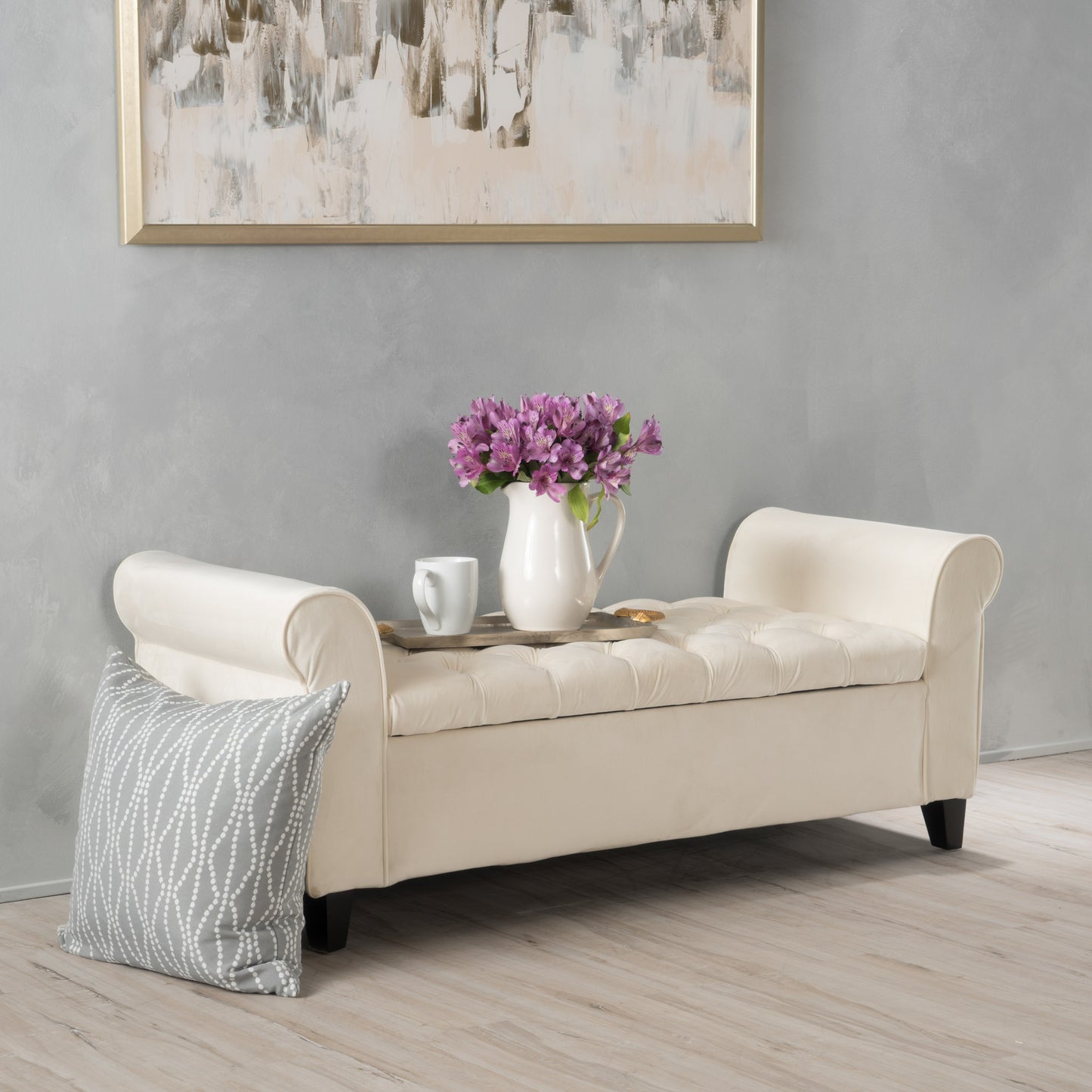 lvory Fabric Storage Bench with Rolled Arms, 38" Seat Width, Black Legs, Button Fabric Design, Living Room Bedroom Entryway Furniture