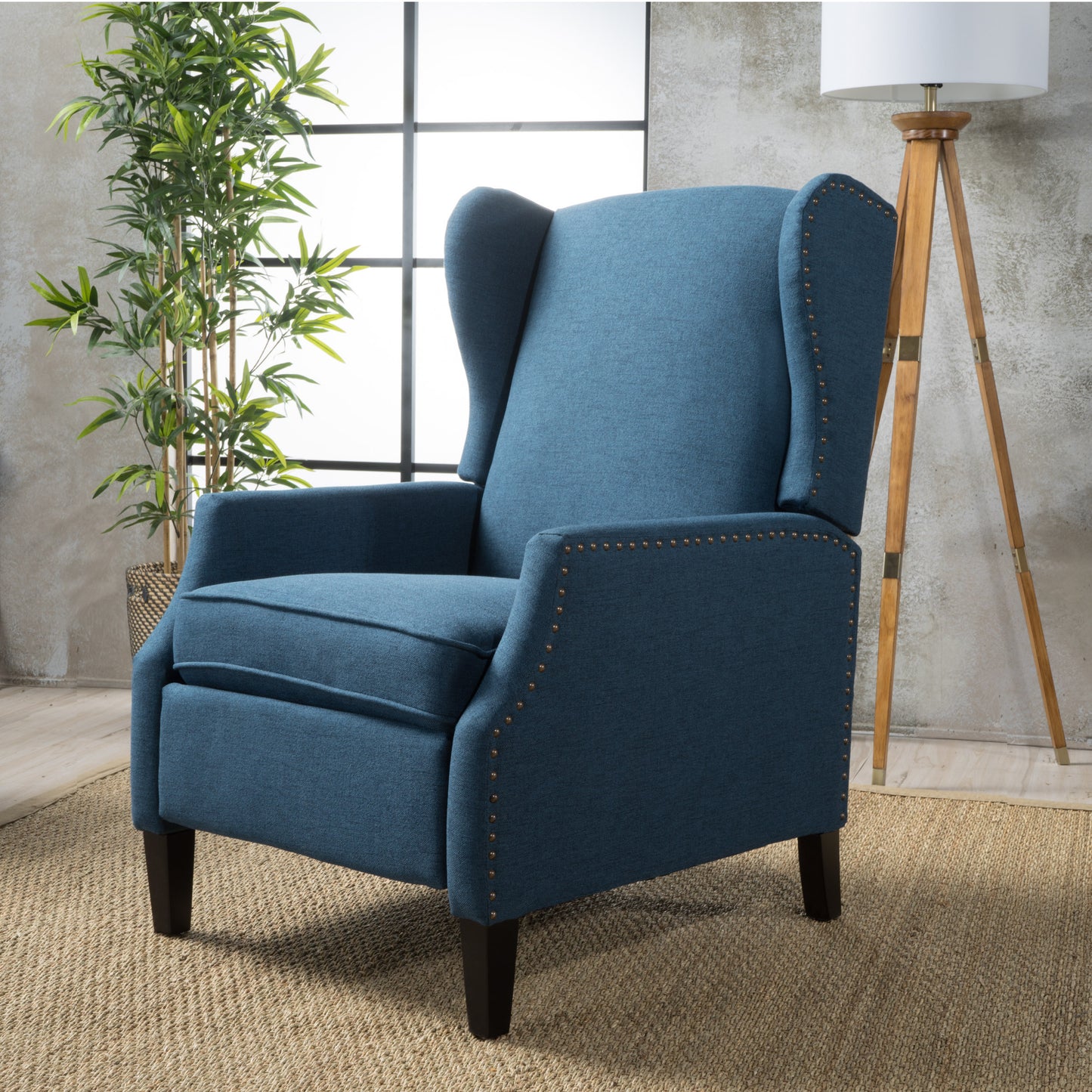 Pushback Recliner Chair, Modern Fabric Wingback Armchair with Nailhead Trim, and Wood Legs, Classic Living Room Recliner for Bedroom