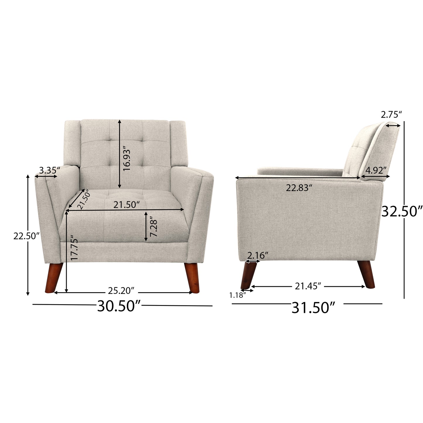 Beige Fabric Mid-Century Club Chair - 30.5" W