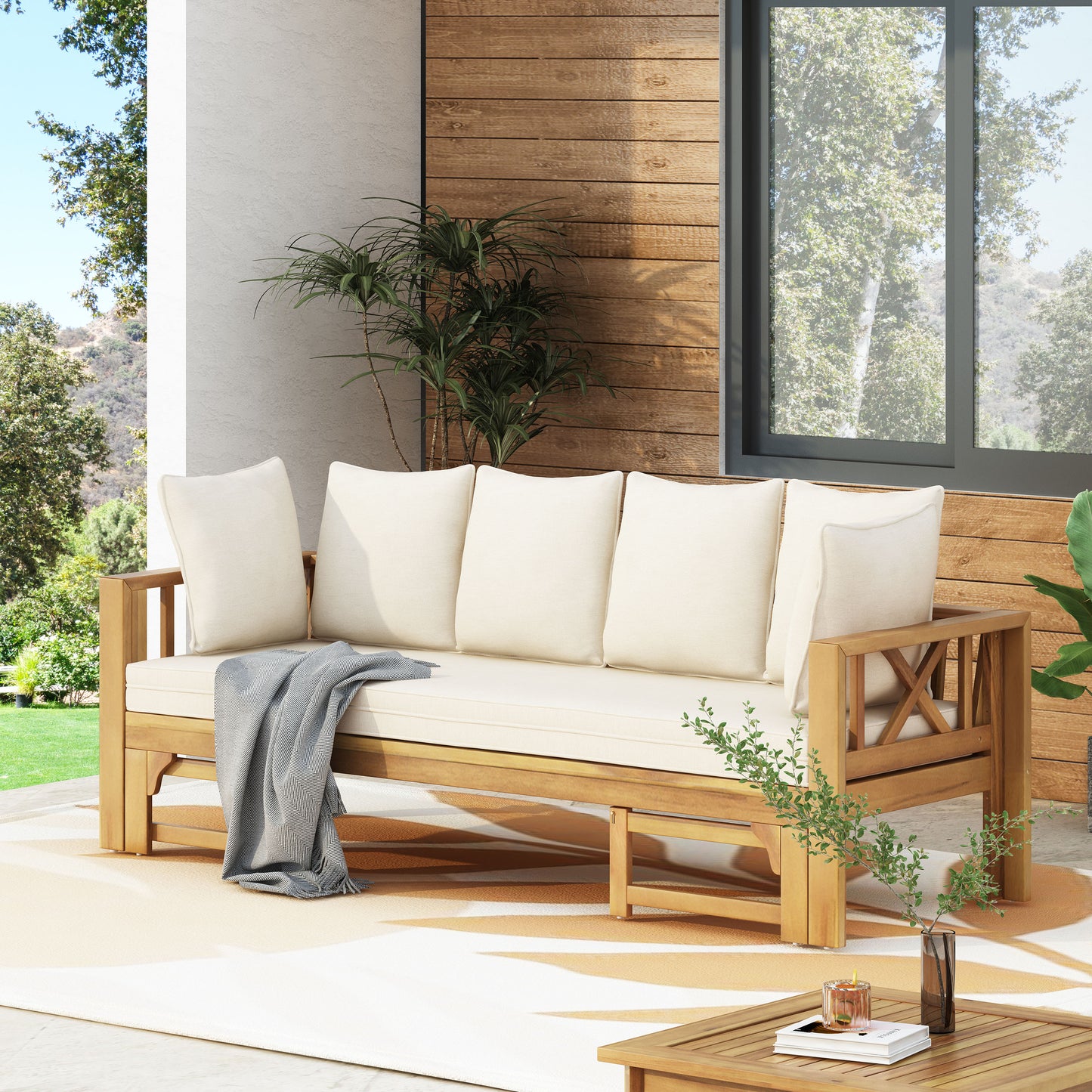 Outdoor Extendable Acacia Wood 3 Seater Sofa, Upholstered Cushion Couch, Daybed Sofa Chair, Spacious Seating Lounge Chair, Patio Daybed Sofa for Garden Yard