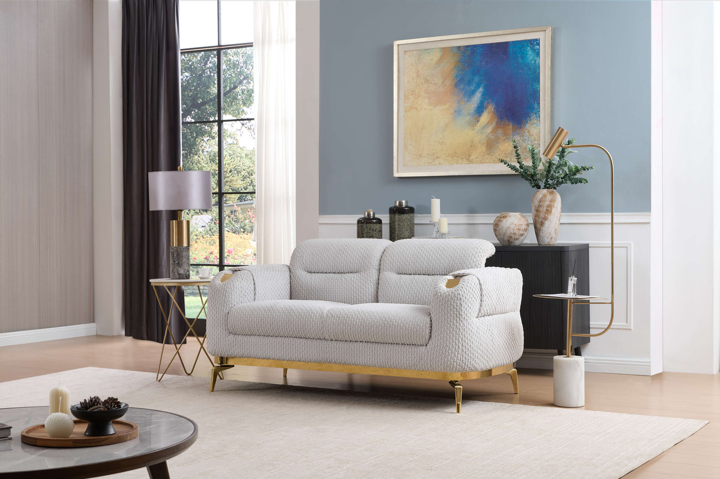 Zoe Modern style Loveseat made with wood and Gold accents in Gray same as B009P303214 (CA Warehouse inventory)