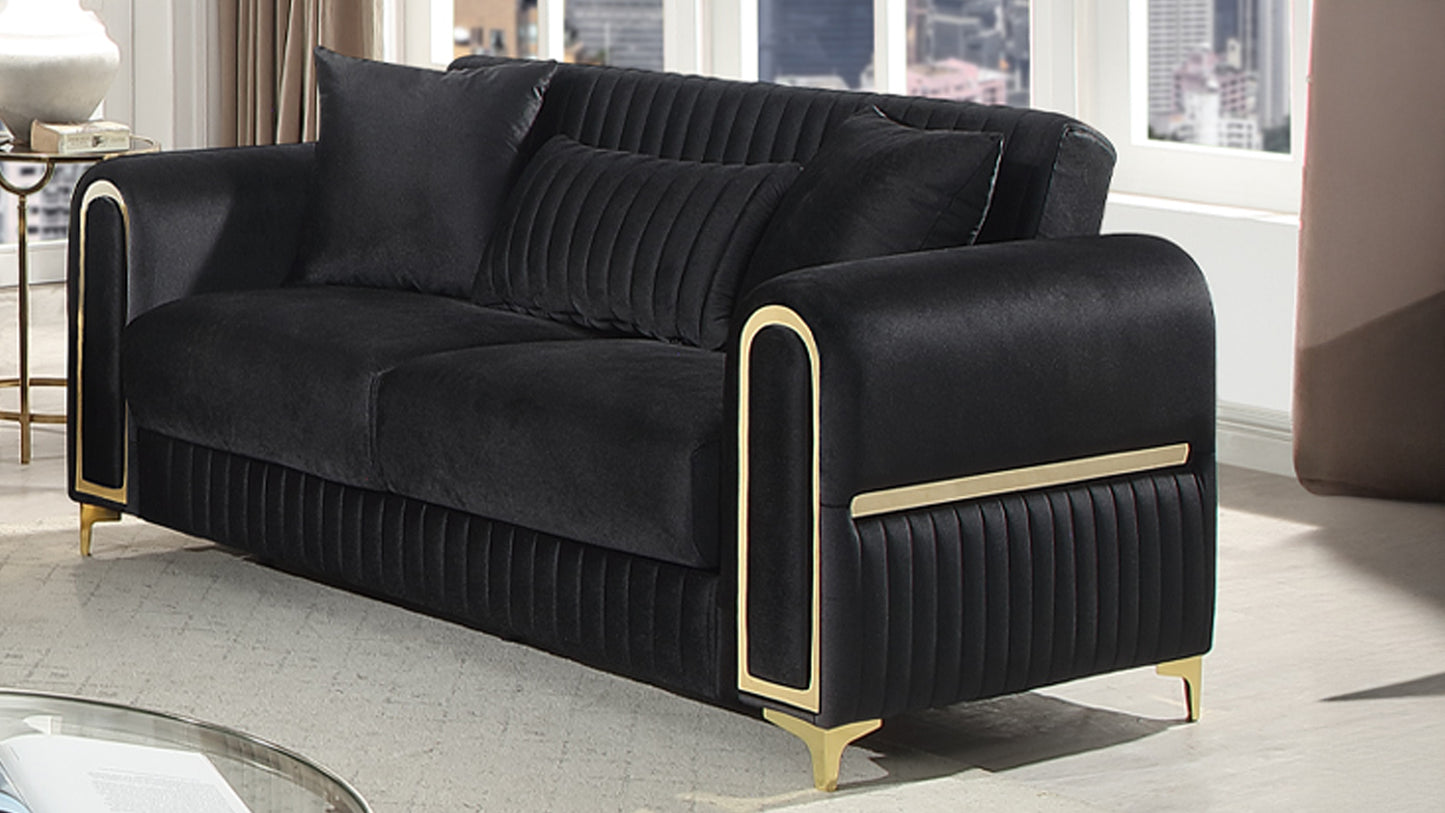 Ruby Modern Upholstered Loveseat in Black with Solid Birch Wood Frame, Pocket Coil Seating and Gold Stainless Steel Legs