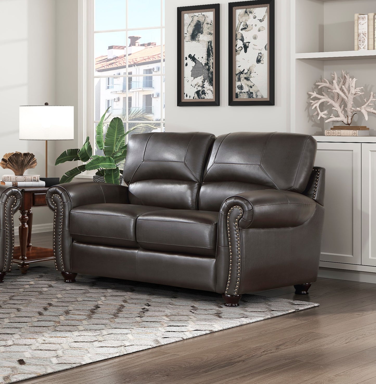 1pc Dark Brown Leather Loveseat Rolled Arms Nailhead Trim Comfortable Plush Seating Seatback Traditional Living Room Furniture