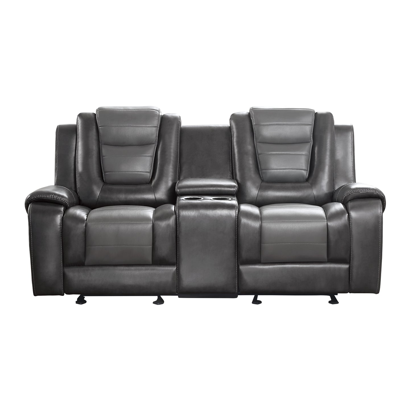 Modern Luxury Loveseat Dual Glider Reclining with Center Console 1pc Formal Living Room Furniture Premium Faux Leather Upholstery Comfortable Two-Tone Gray Finish