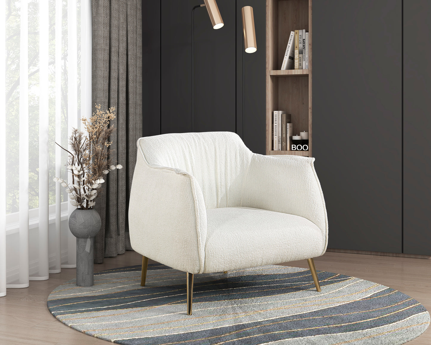 Luxury Furniture 1pc Accent Chair White Beautiful Boucle Upholstery Gold Finish Metal Legs Elegant Look