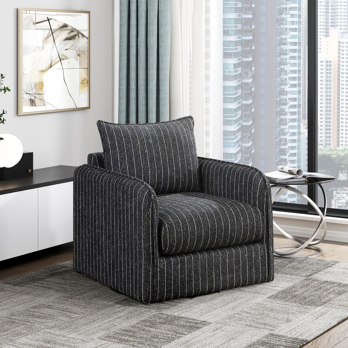 Contemporary Accent Chair Swivel Base Comfort Plush Upholstery Black White Stripe Modern Living Room Furniture 1pc