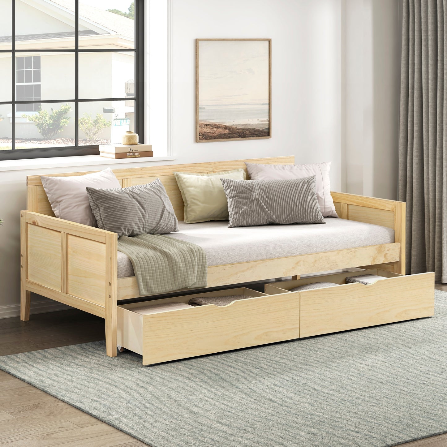 Daybed with Storage Boxes Natural Pine Finish Wooden Home Furniture 1pc Sofa Bed
