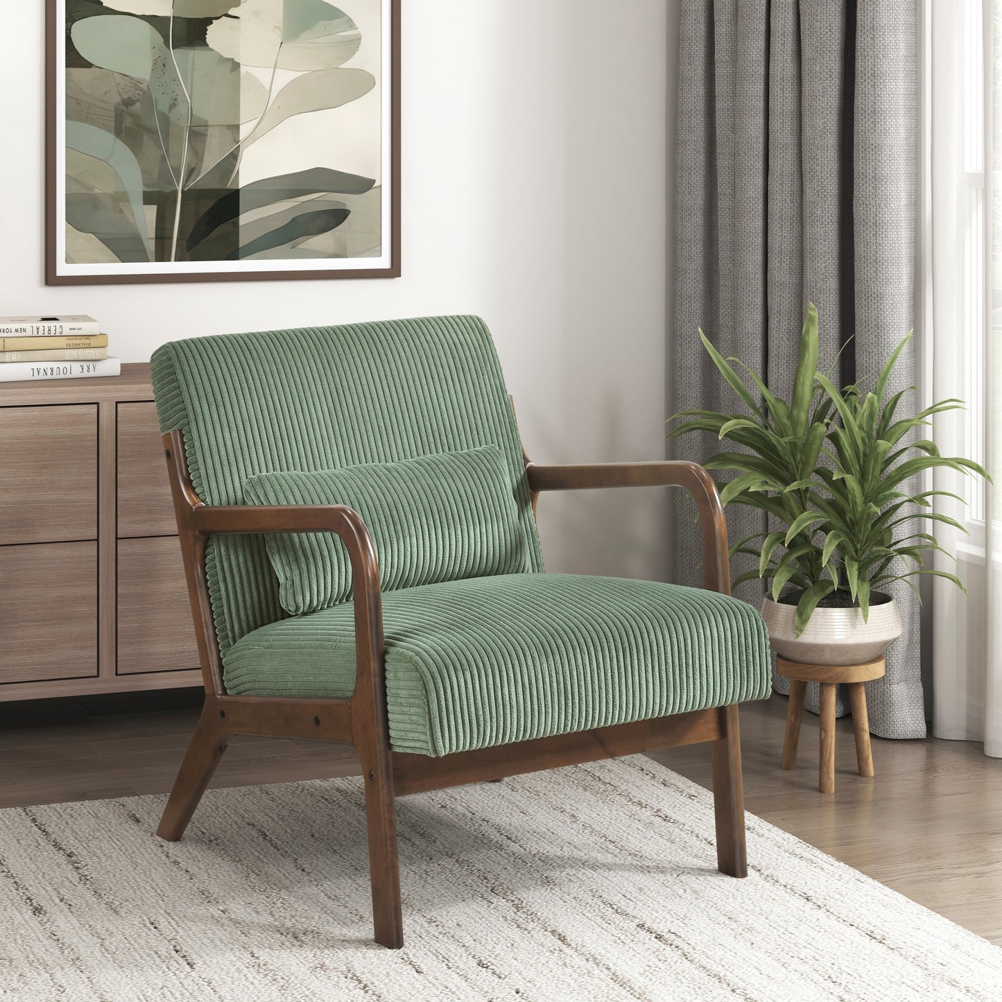 Modern Accent Chair with Pillow Green Plush Corduroy Upholstery Home Furniture 1pc Armchair Solid Rubber Wood Frame