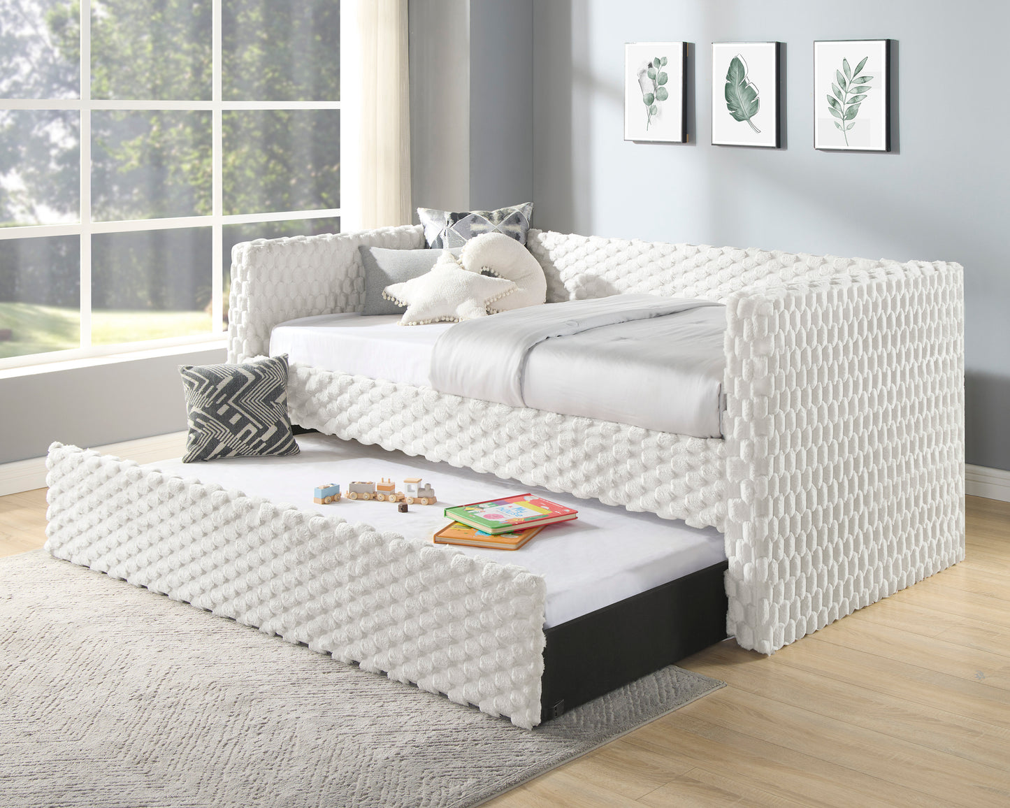 Beautiful 1pc Modern Daybed Armrest Pull Out Trundle Bedroom Living Room Furniture Soft White Dove Textured Fabric Finish Furniture