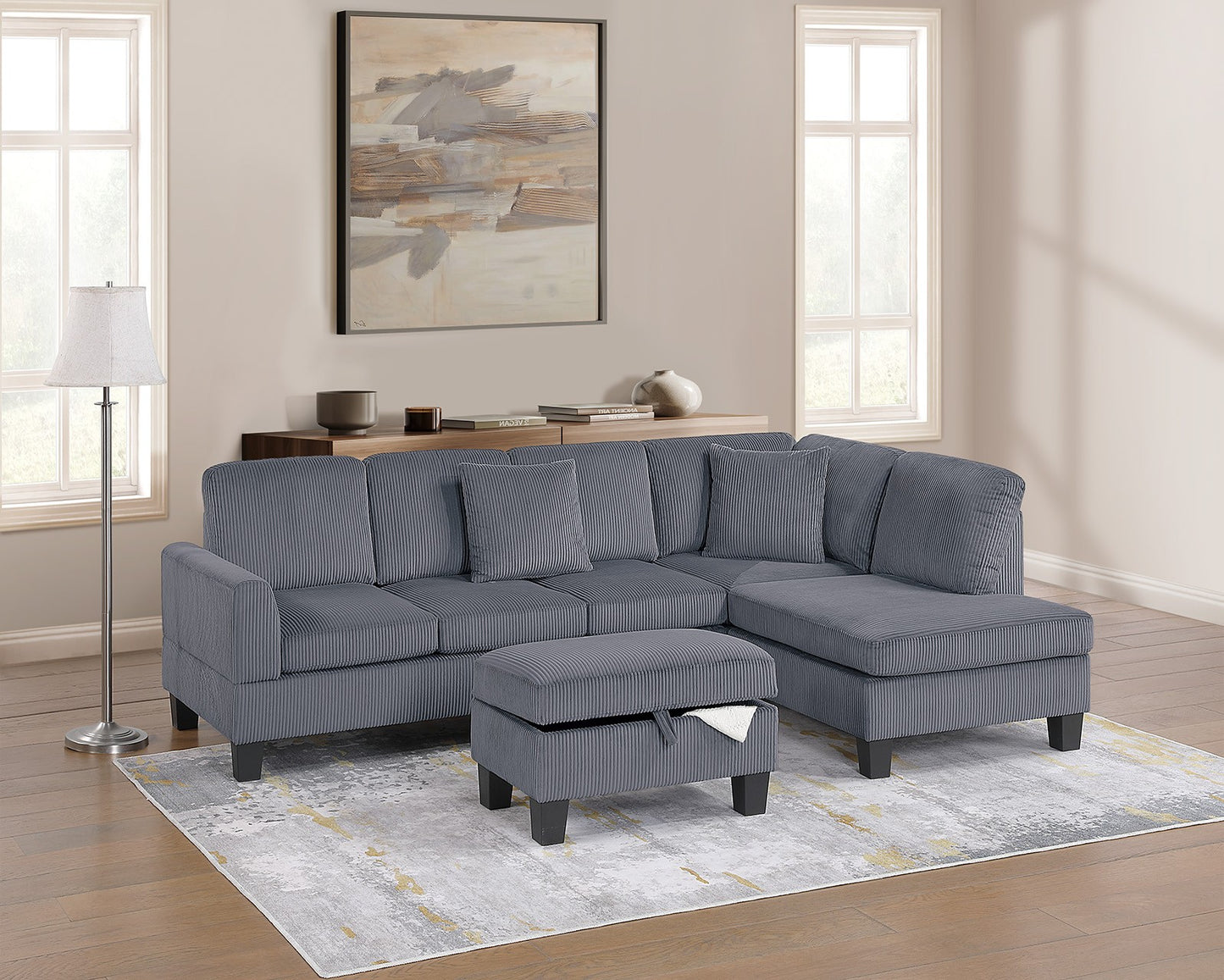 3pc Sectional Set RAF Chaise LAF Sofa Storage Ottoman Dark Gray Color Corduroy Couch Pillows Modern Living Room