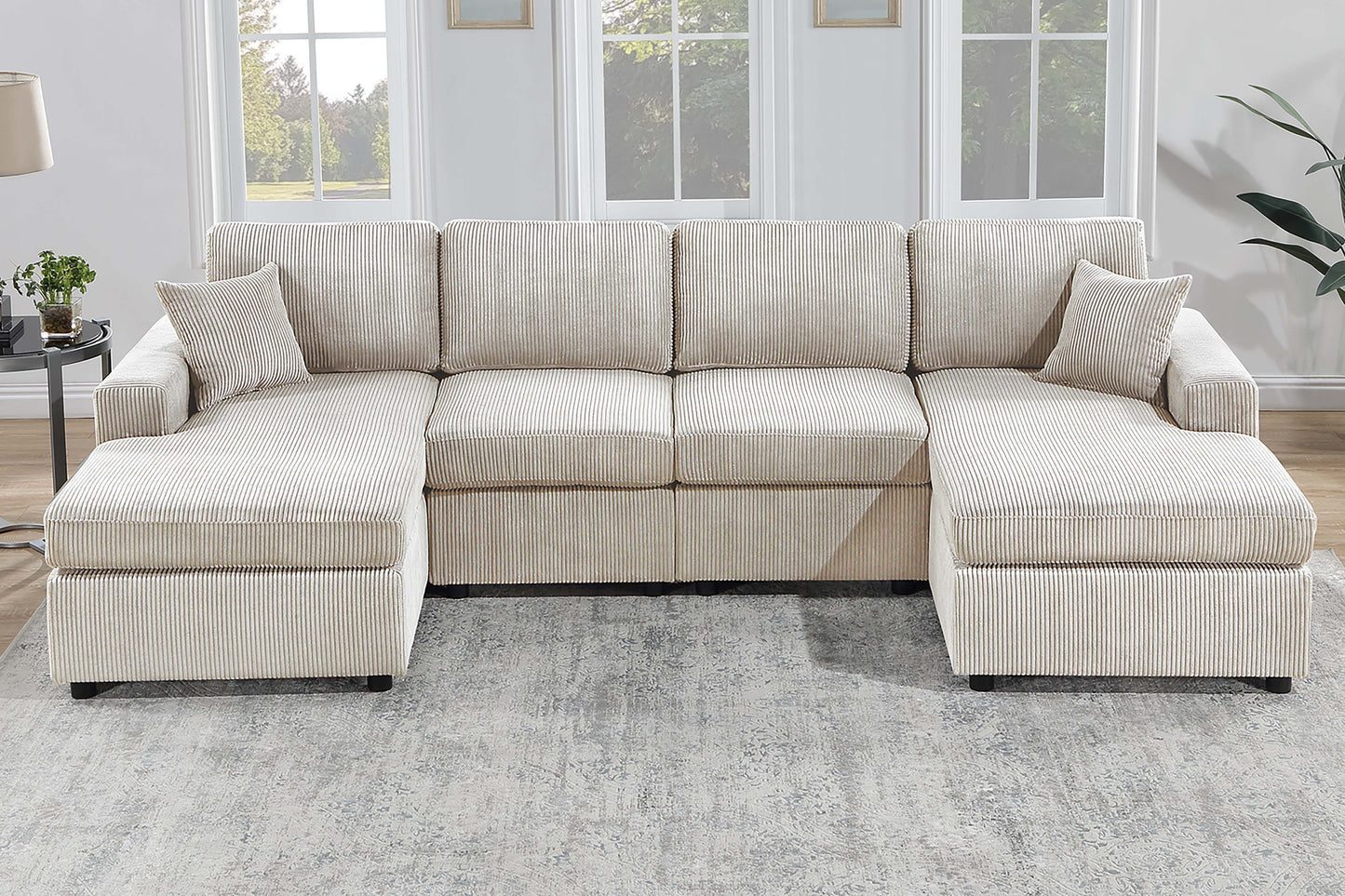 Ivory Corduroy 3 Piece Sectional Sofa Set