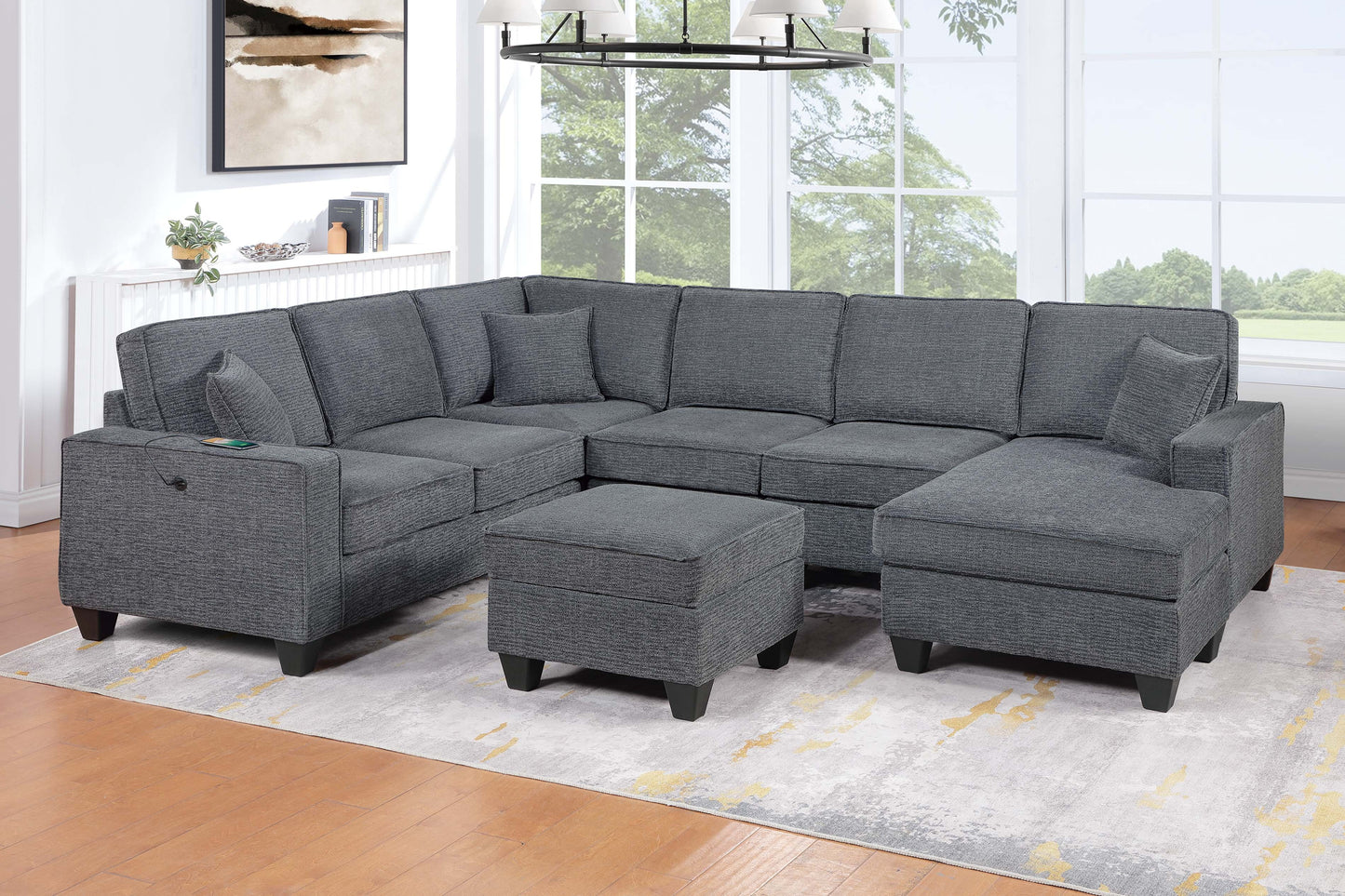 Contemporary Style 5pc Sectional Set Left Arm Loveseat With USB Port Corner Wedges Ottoman Armless Chairs Right Arm Loveseat With Chaise Slate Gray Finish Primary Living Room