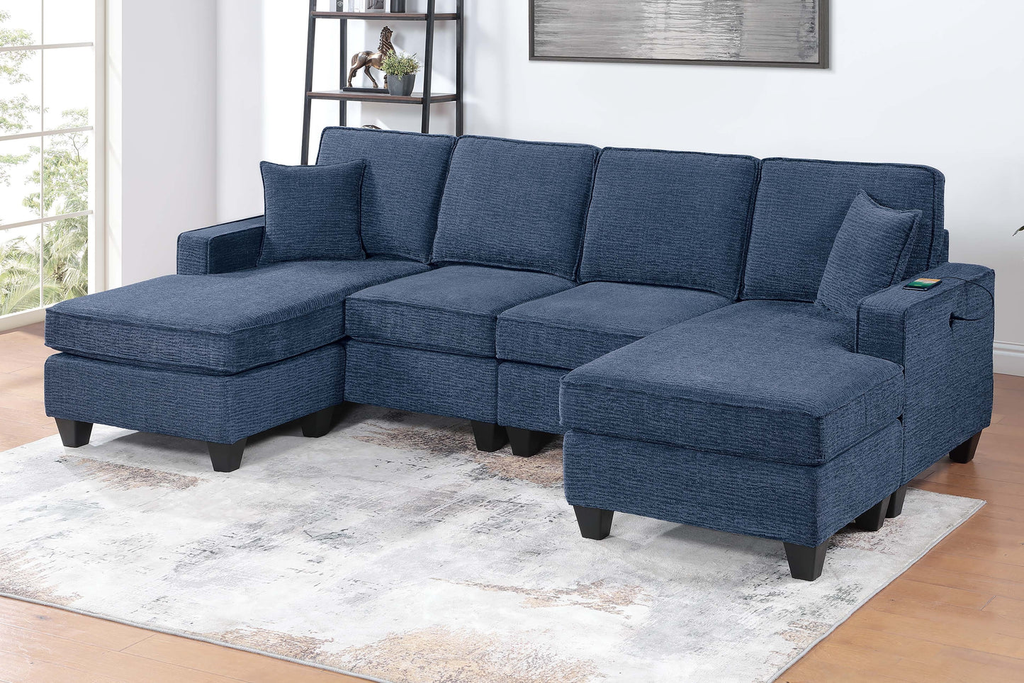 3-Piece Dark Blue Chenille Sectional Sofa Set - Modern Living Room Seating
