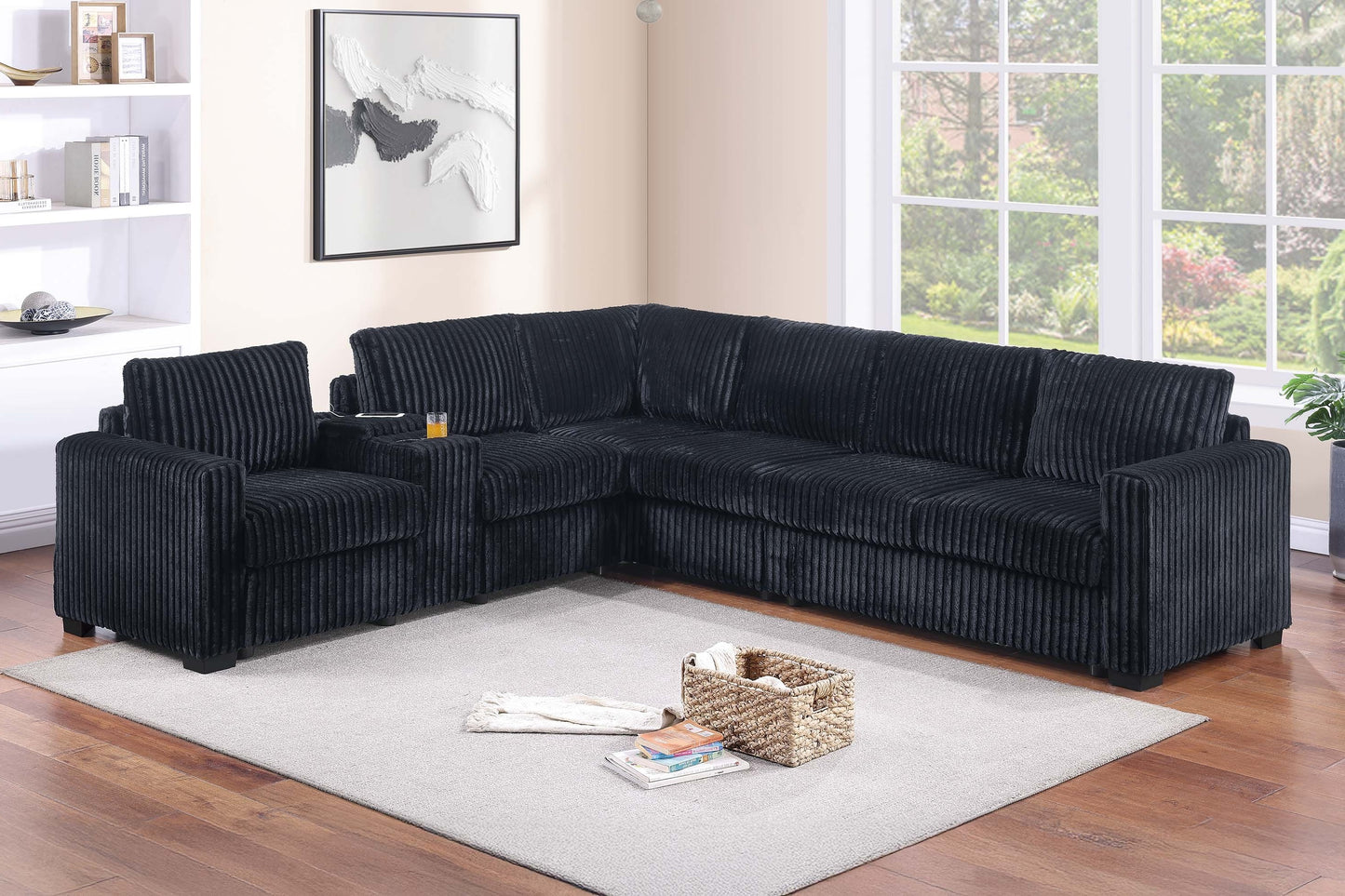5-Seat Black Corduroy Sectional Sofa - Modern Living Room