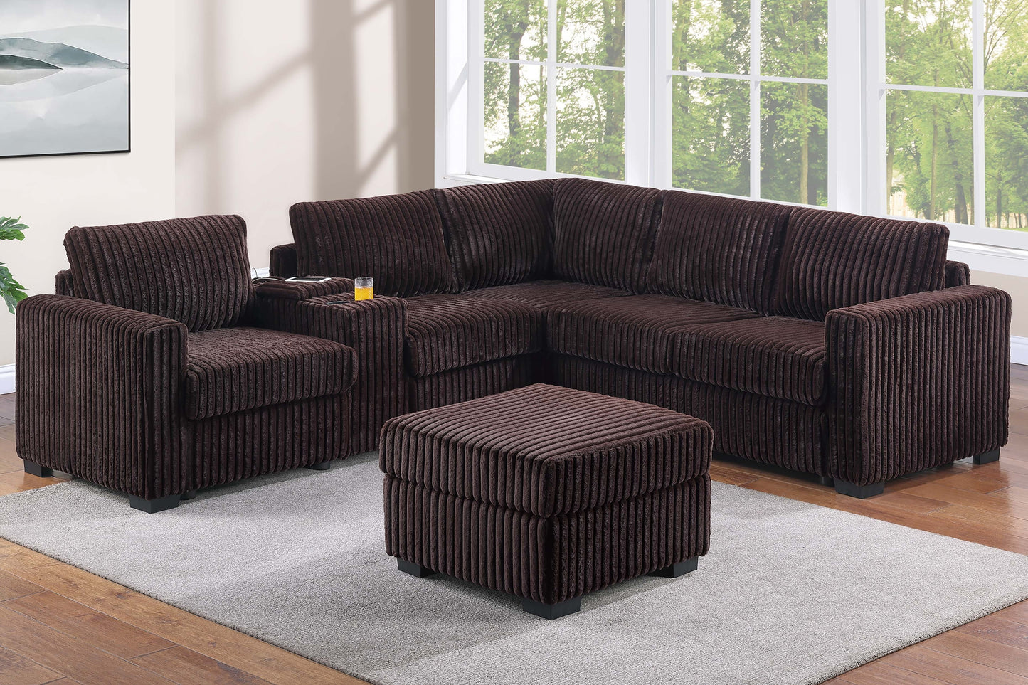 Coffee Corduroy L-Shaped Sectional Sofa 4 Piece for Living Room