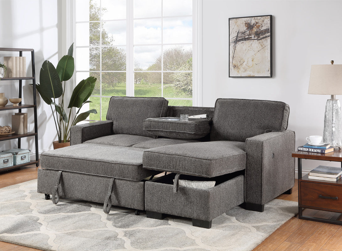 Estelle 86.5" Dark Gray Fabric Reversible Sleeper Sectional with Storage Chaise Drop-Down Table 2 Cup Holders and 2 USB Ports