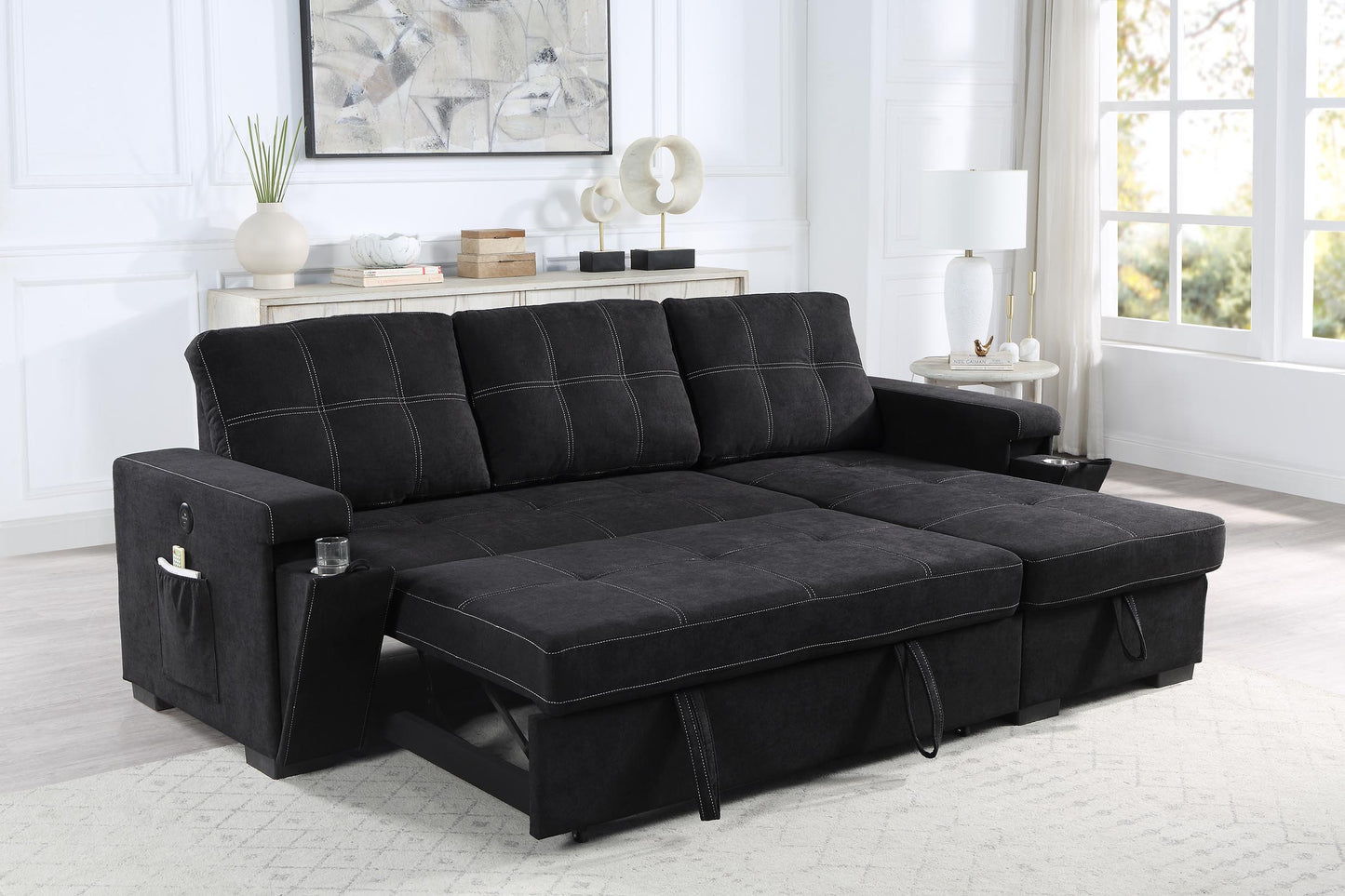 Toby 95" Black Woven Fabric Reversible Sleeper Sectional Sofa with Storage Chaise Cup Holder Charging Ports and Pockets