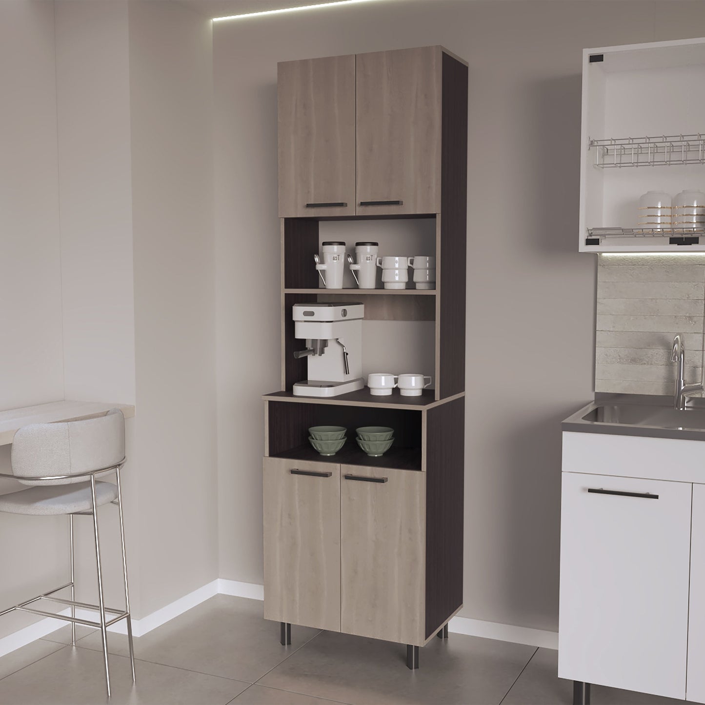 White Oak and Wengue Kitchen Pantry with Open Storage and 4 Doors