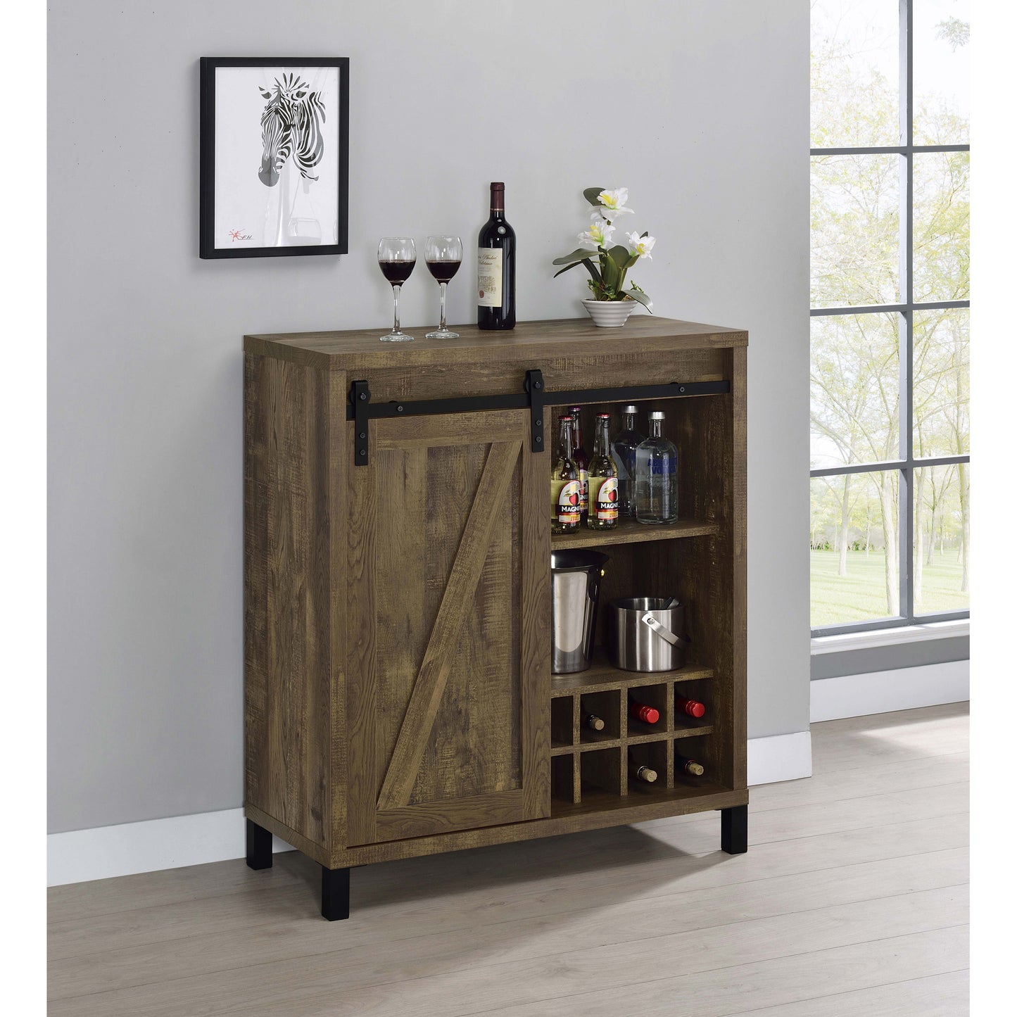 Arcata Rustic Oak Sliding Door Bar Cabinet