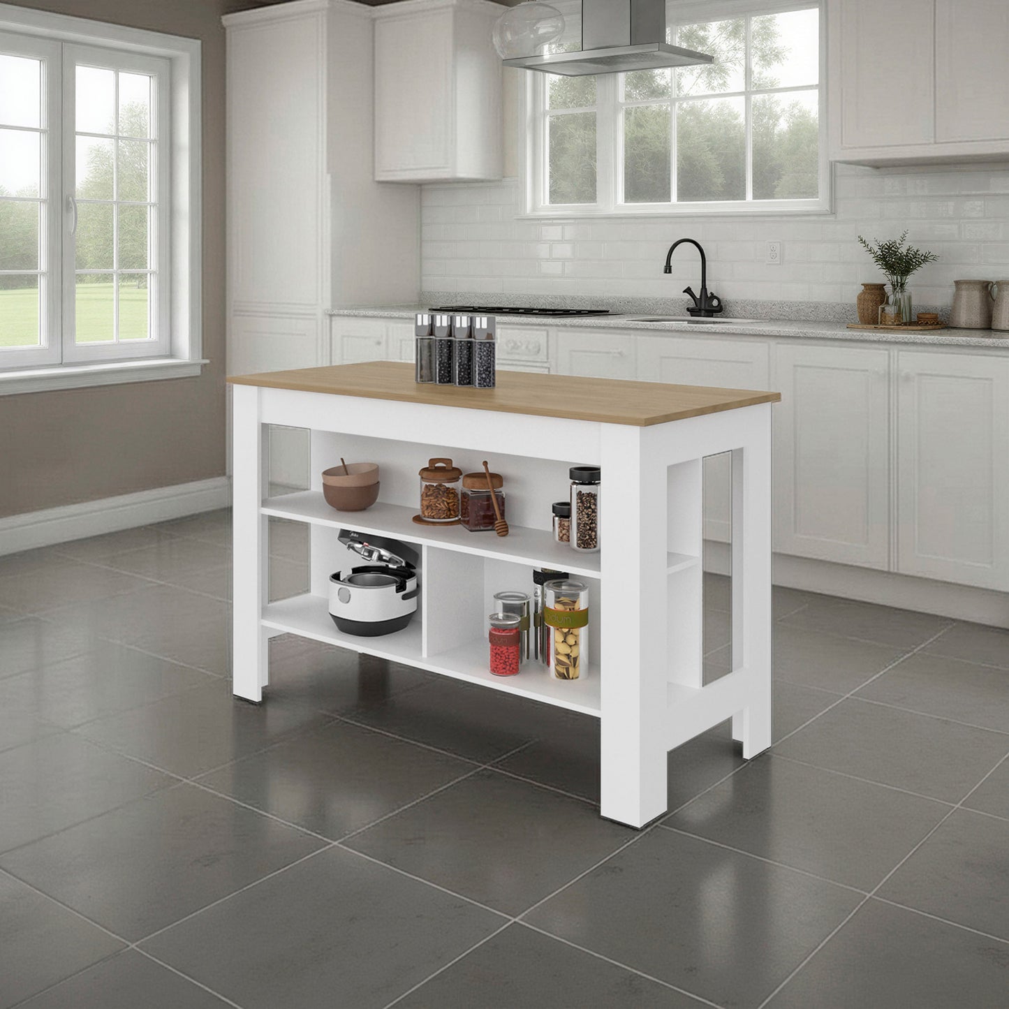 White and Natural Oak Open Storage Kitchen Island