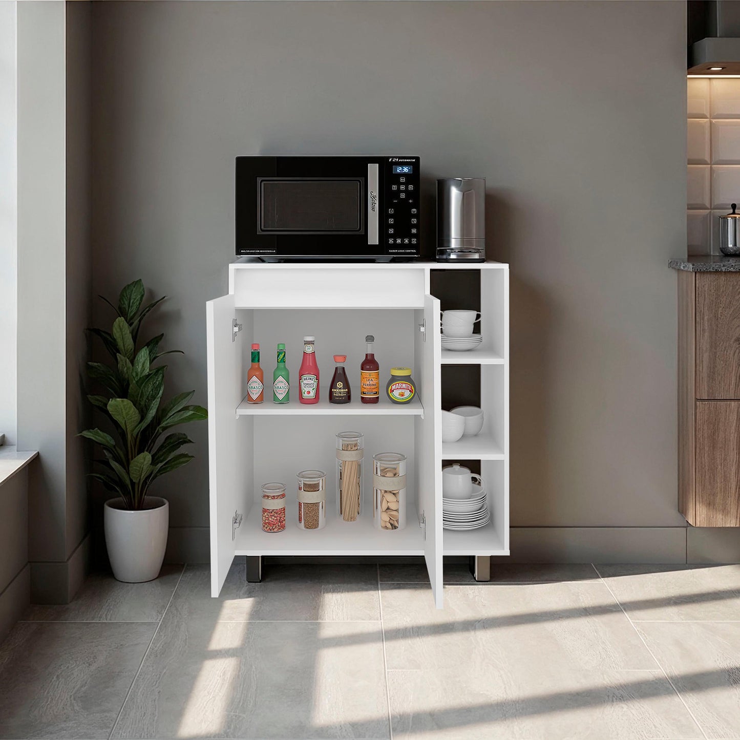 White 2-Door Kitchen Storage Cabinet - Compact Design for Dining Room
