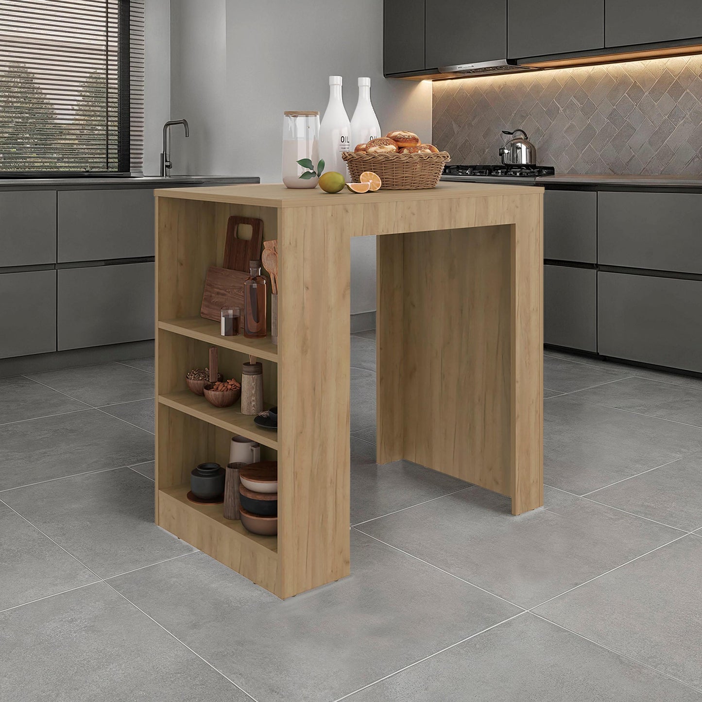 Natural Oak Kitchen Island and Counter Height Table Top with Shelf