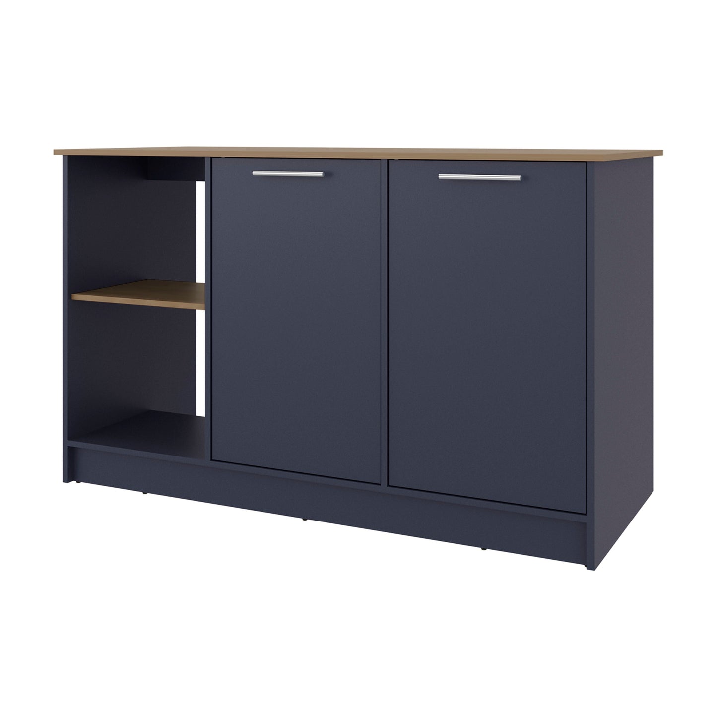 Kronos Blue and Natural Oak Kitchen Island with Storage Cabinet and Open Shelves