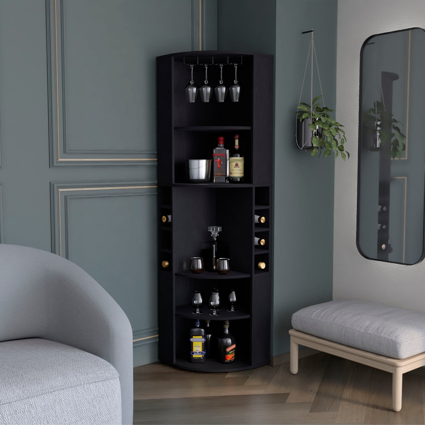 Oban Corner Bar Cabinet with Five Shelves , Eight Bottle Cubbies and Steamware