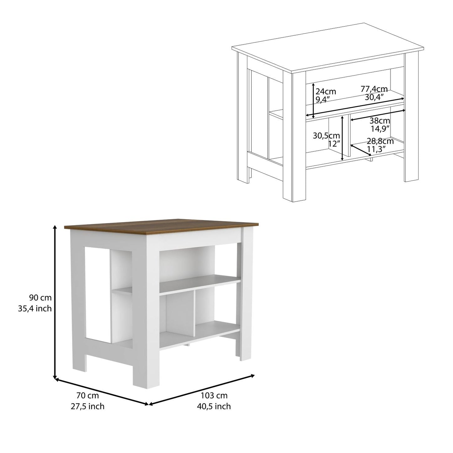 Multicolor Kitchen Island with 3 Shelves - 35" H