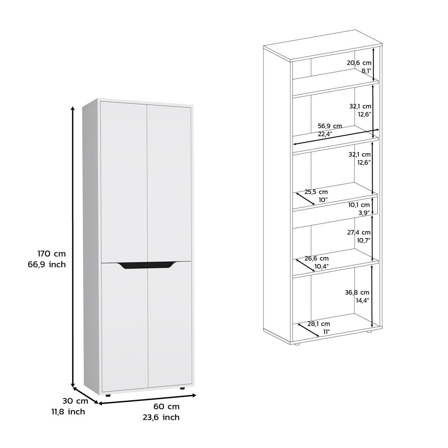 67" White+Black Kitchen Storage Cabinet - 5 Shelves for Dining Room