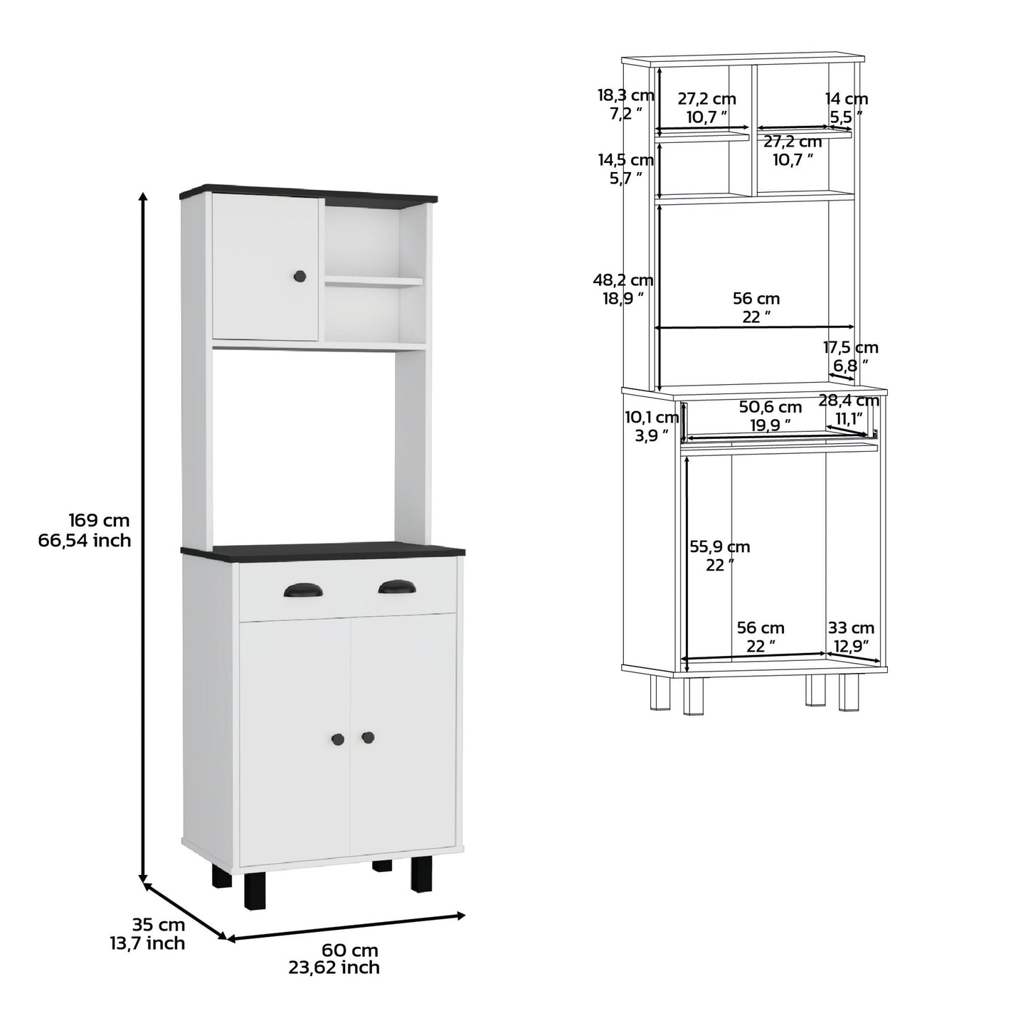 Compact Pine Kitchen Pantry with Black and White Storage for Dining Room