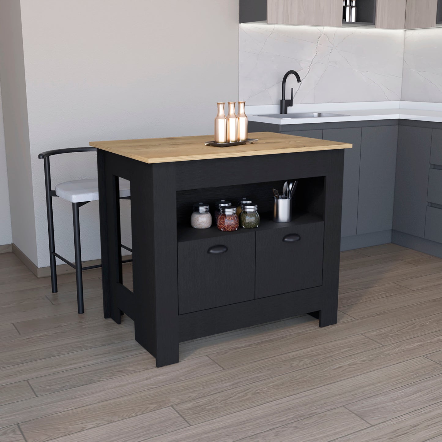 Floyd Kitchen Island 35" H, whit 2 doors, 3 shelves, Black/Macadamia