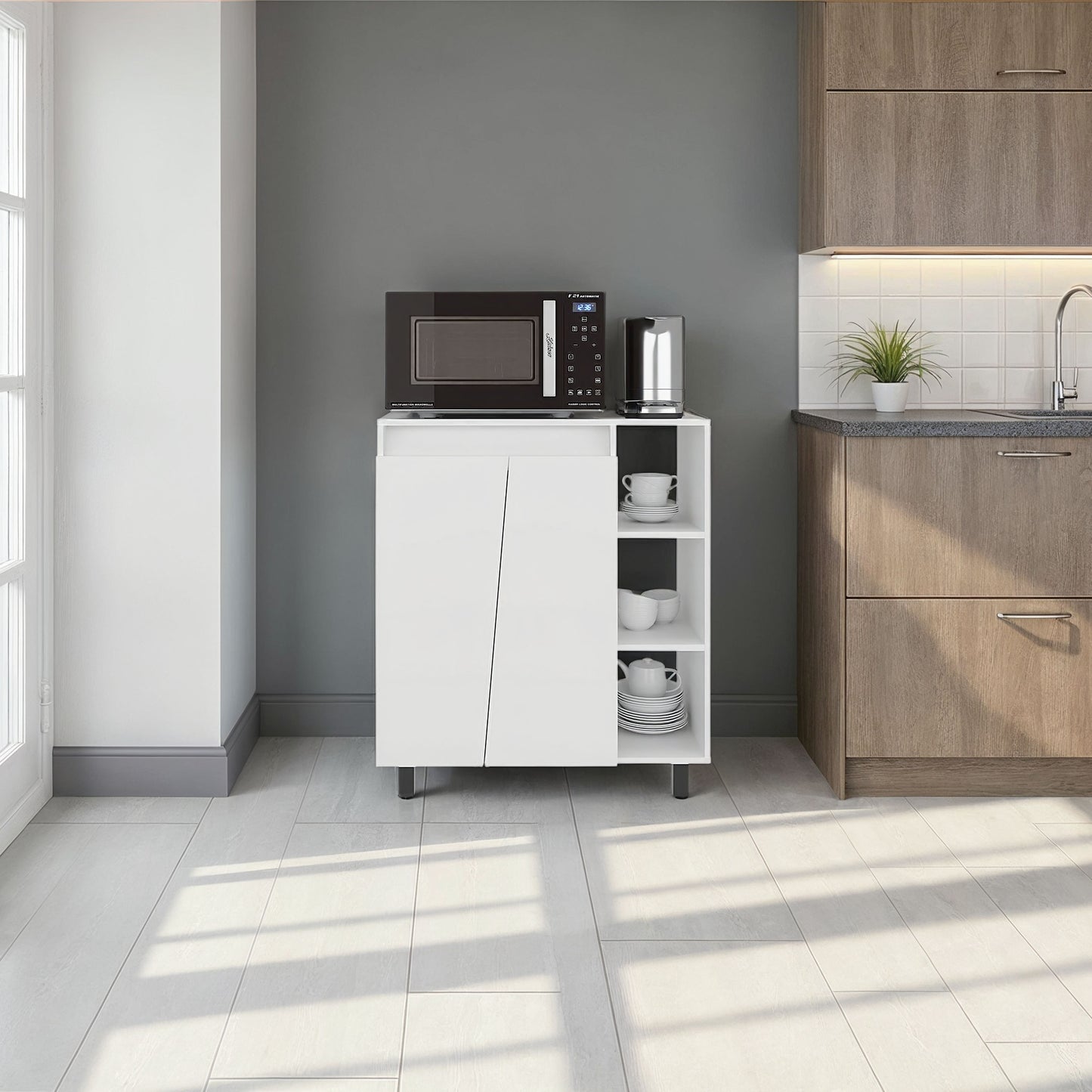 Hazen Microwave Stand with 1 Storage Cabinet, 5 Shelves and 2 Doors, White