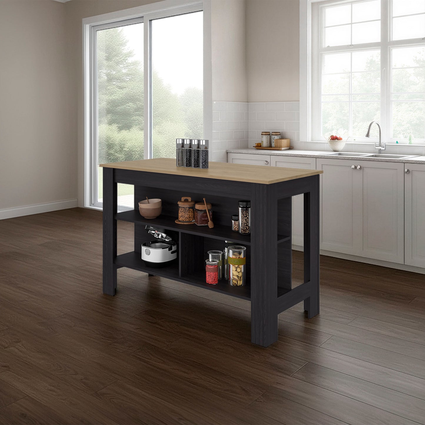 Ruso Kitchen Island, 3 Spacious open Shelves, Modern Design, Black Wengue / Natural Oak