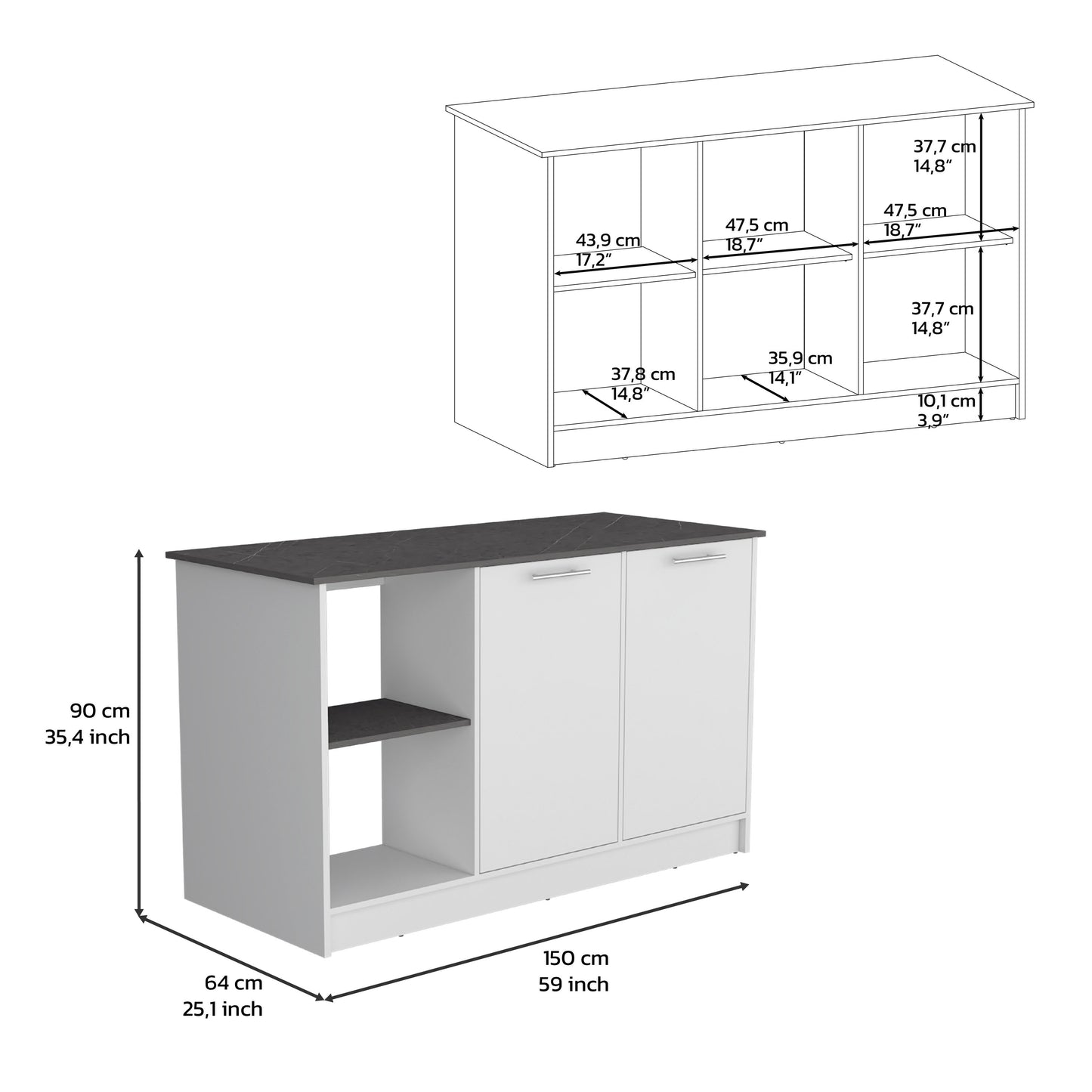 White Kitchen Island with Storage and Shelves for Workspace