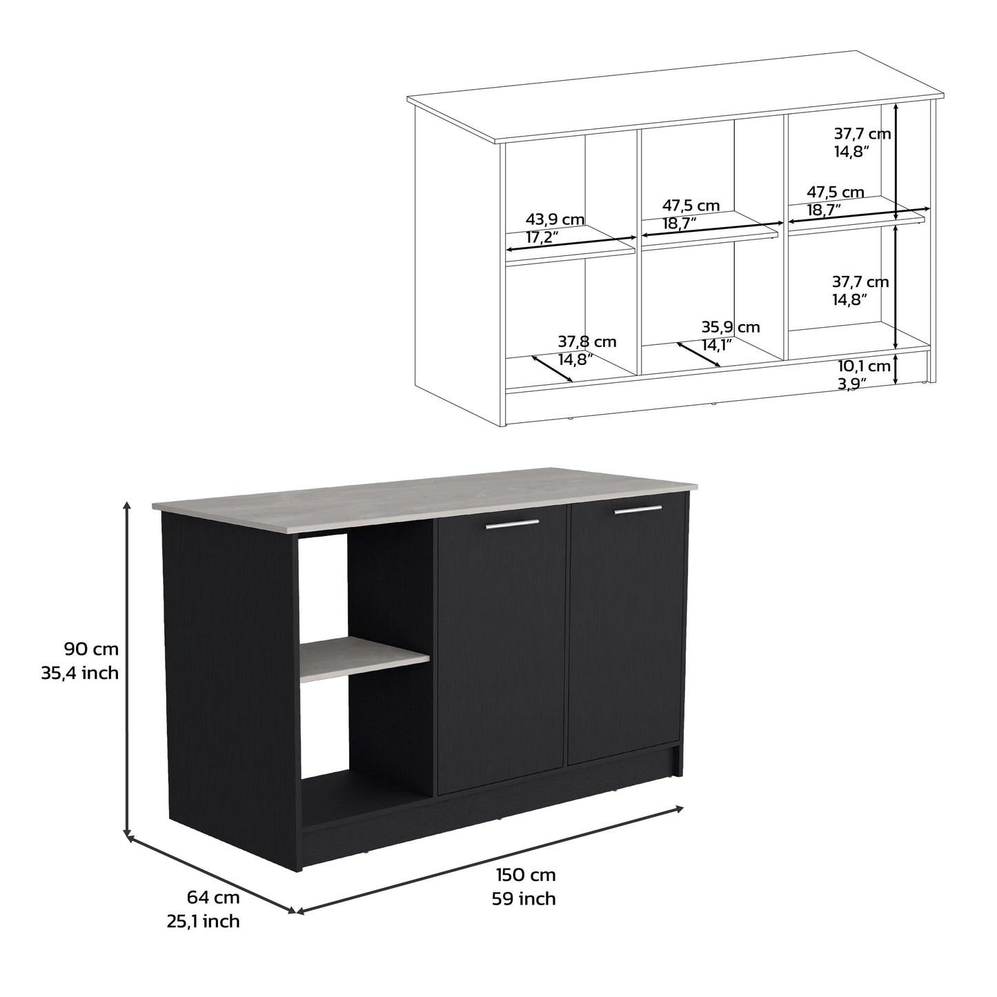 Black Engineered Wood Kitchen Island with Double Cabinet Storage