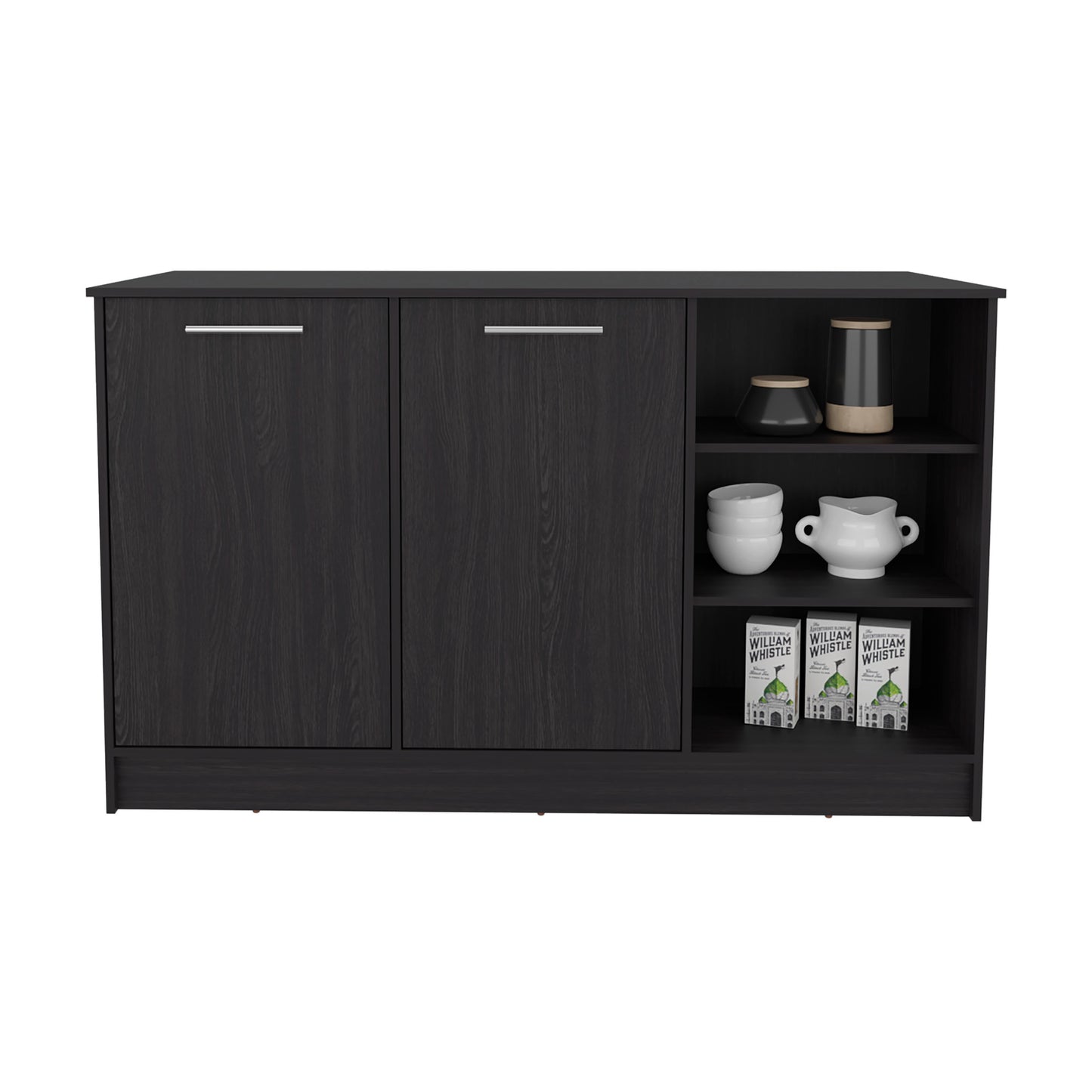 Kitchen Island Two Cabinets, Black Engineered Wood - 59" W
