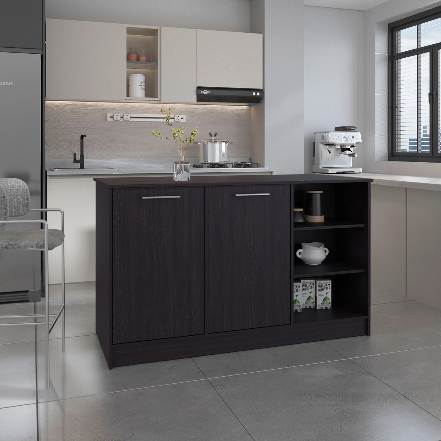 Kitchen Island Two Cabinets, Three Open Shelves