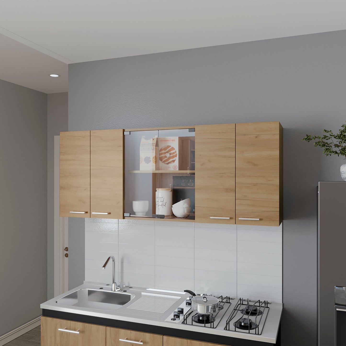 Lydia Wall Cabinet kitchen in Melamine wit 4 Doors and Glass Storage, Natural Oak